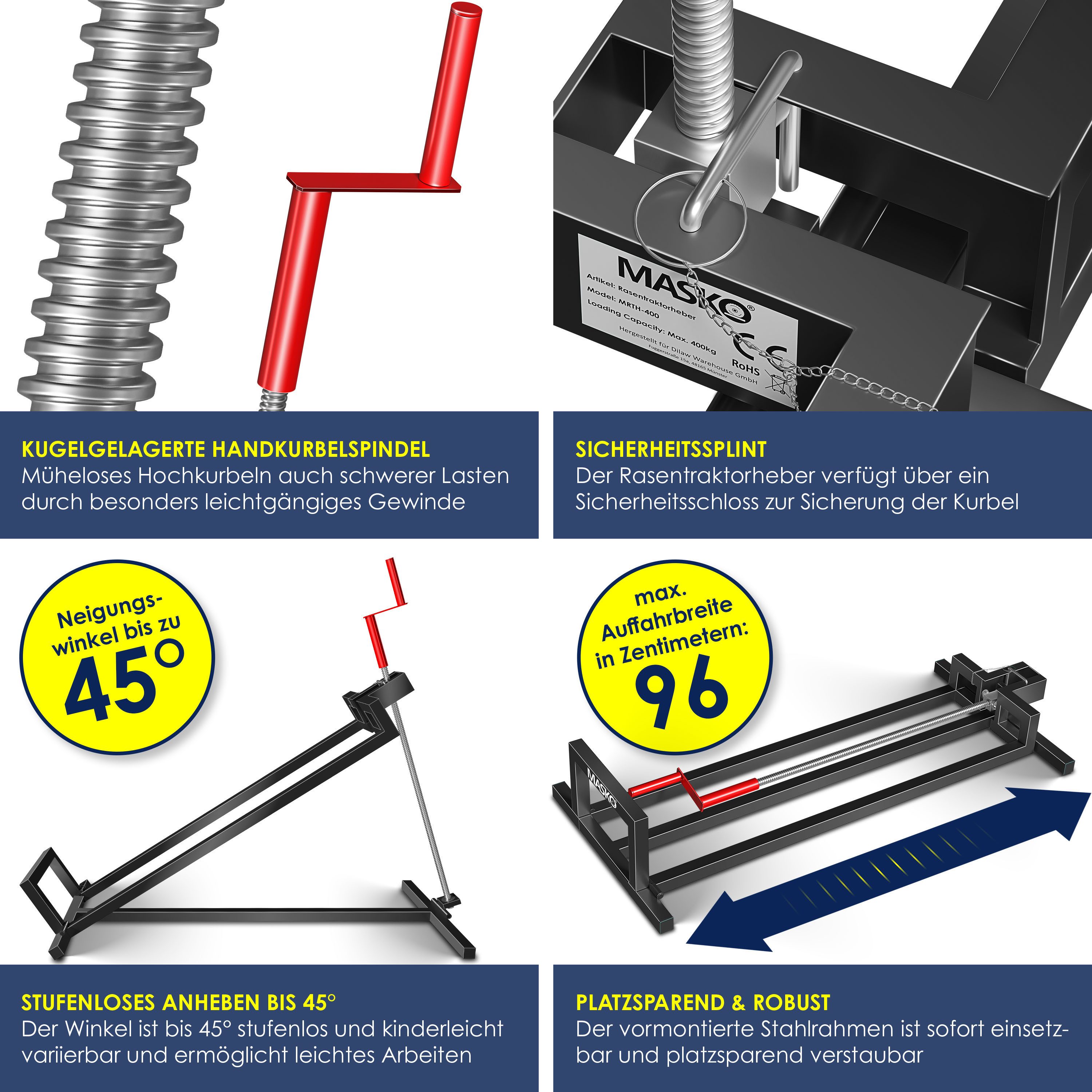 MASKO Rasentraktor Heber 450kg Hebevorrichtung für Aufsitzmäher inkl. Bürste, Rasentraktorheber, universelle Reinigungshilfe, Hebebühne für Quad