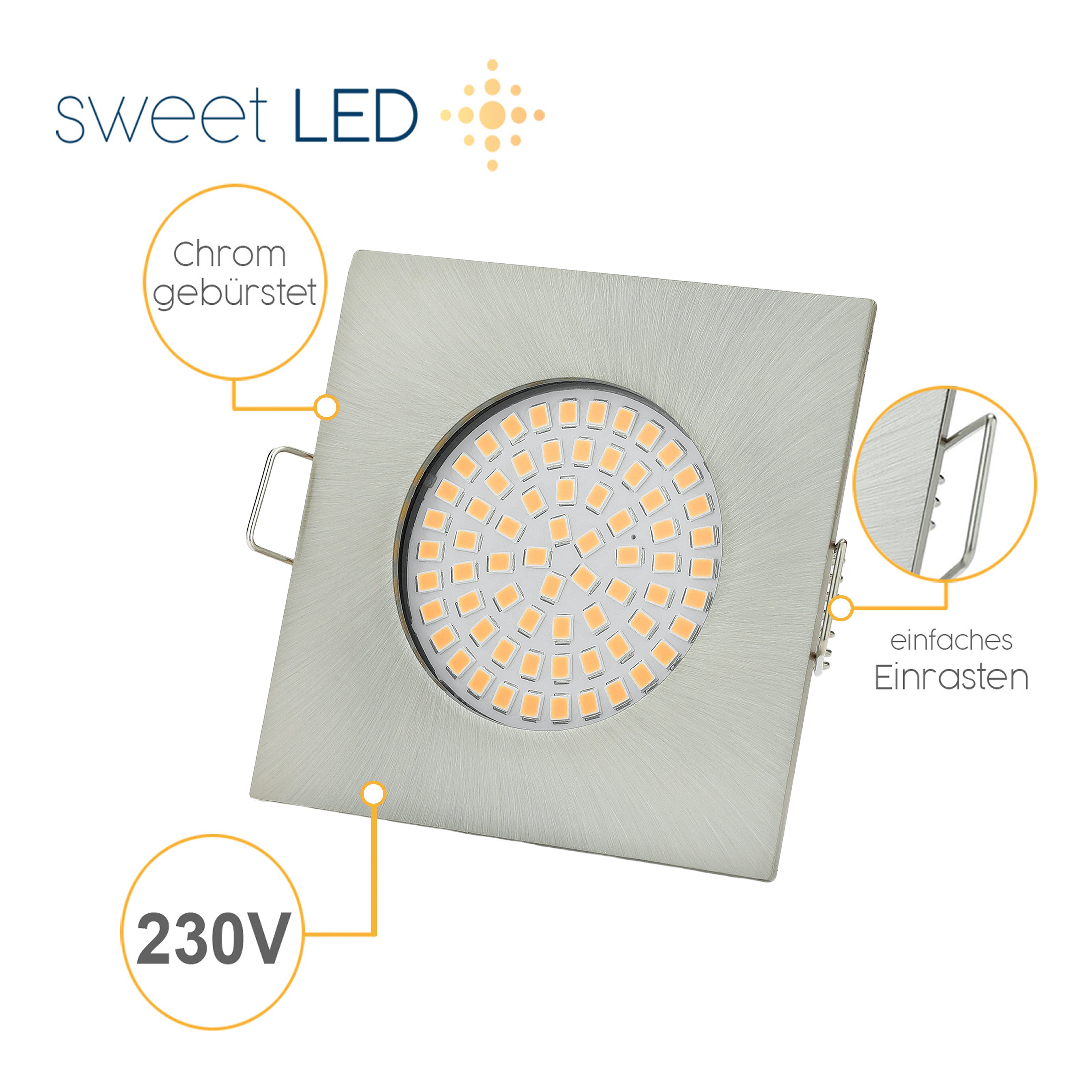 Sweet LED LED Einbaustrahler 3,5W 230V Deckenspots Flach Eckig 6er Set 3000K Warmweiß Chrom IP20, warmweiß, 3000K, Deckenspots, 75x75 mm, Einbauleuchten