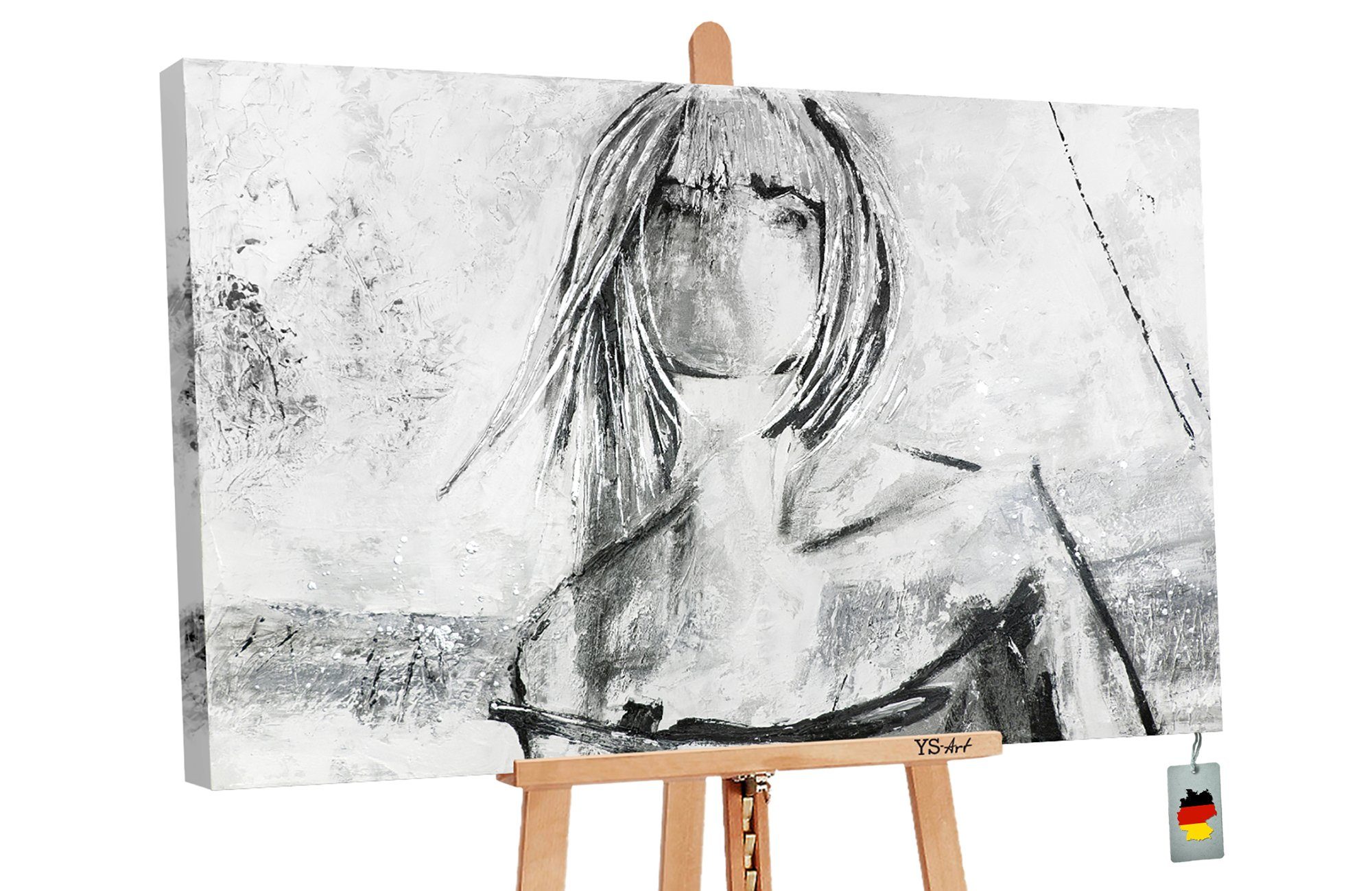 YS-Art Gemälde Faszination, Mädchen Bild Junge Handgemalt Schwarz Frau Grau Menschen, Leinwand
