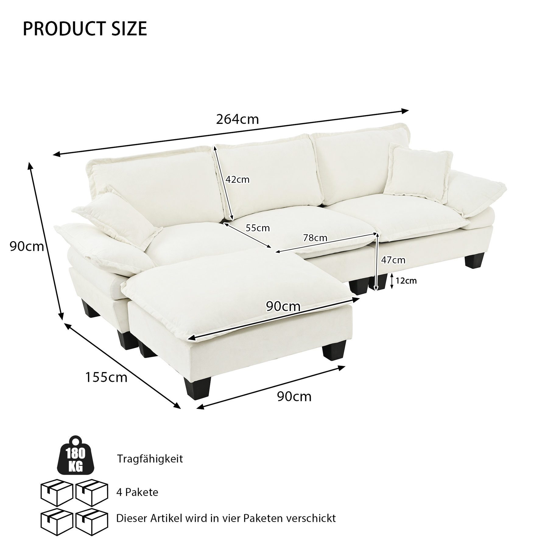 Odikalo Loungesofa Ecksofa Sofas wohnzimmer mit Schlaffunktion Fußhocker & Kissen, Modulares Ecksofa L-förmige Cloud-Couch mit Segelboot-Design inklusive 1 beweglichem Ottomane & 2 weichen Kissen komfortabler Chenille-Bezug für Wohnzimmer & Apartments