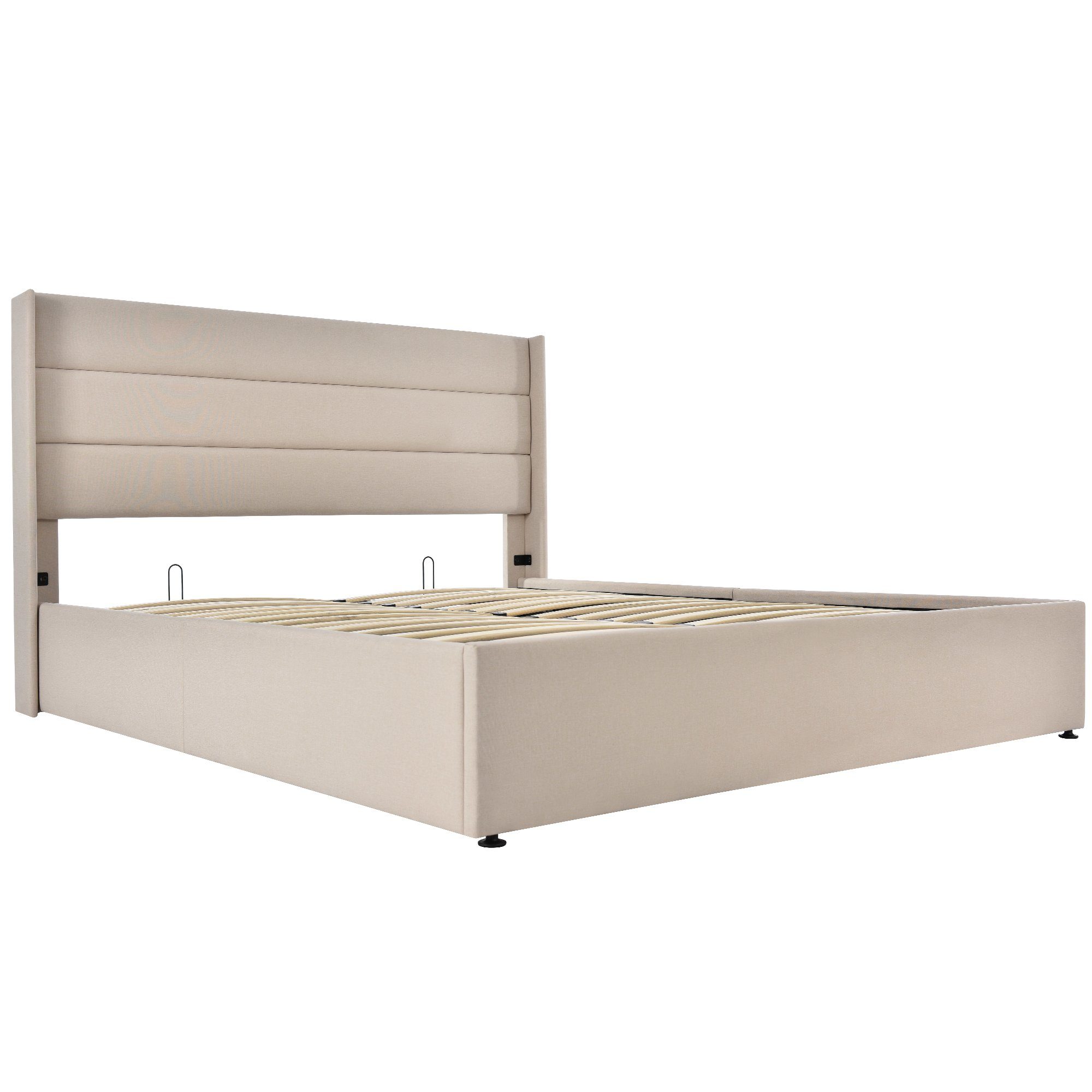 Boxspringbett (Funktionsbett, Doppelbett Hydraulisches Bett mit Lattenrost und Matratze), Polsterbett Stauraumbett 160x200 cm, Lattenrost aus Holz, Leinen