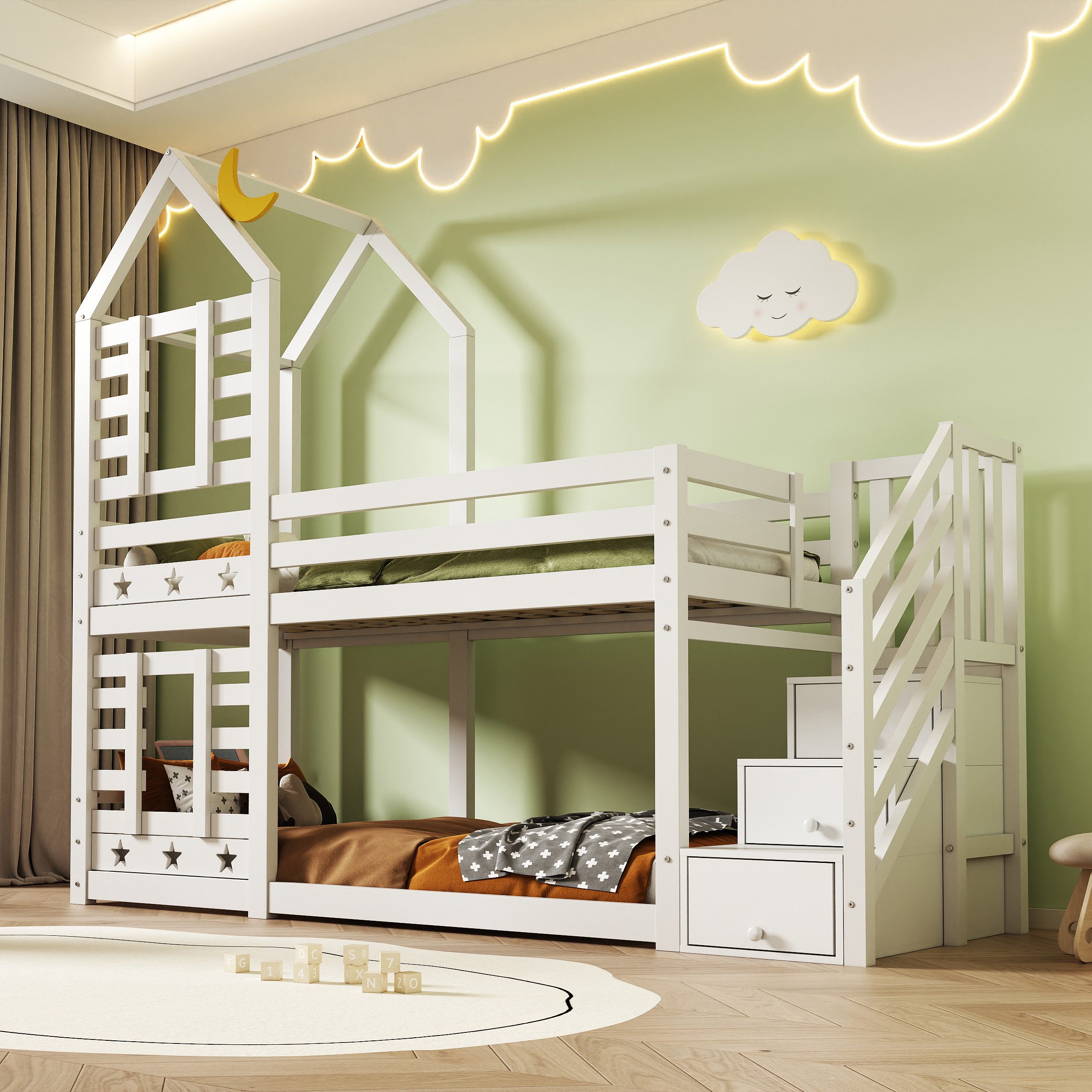 OKWISH Etagenbett Kinder-Hausbett in Weiß mit Stauraumtreppe, 90x200 cm (Packung, 1-St., Für ein gemütliches und aufgeräumtes Kinderzimmer), Praktischer Stauraum direkt unter der Treppe integriert Ohne Matratze