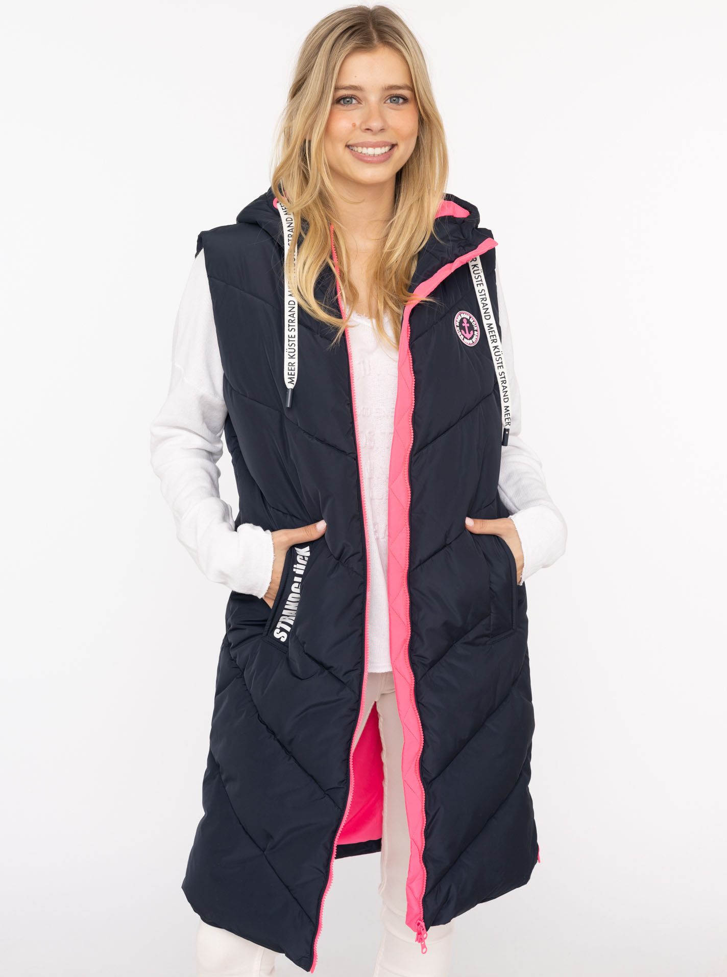 Zwillingsherz Steppweste "Strandglück" Doppel-Zipper, Kontrastdetails, Eingrifftaschen, modisch, knielang