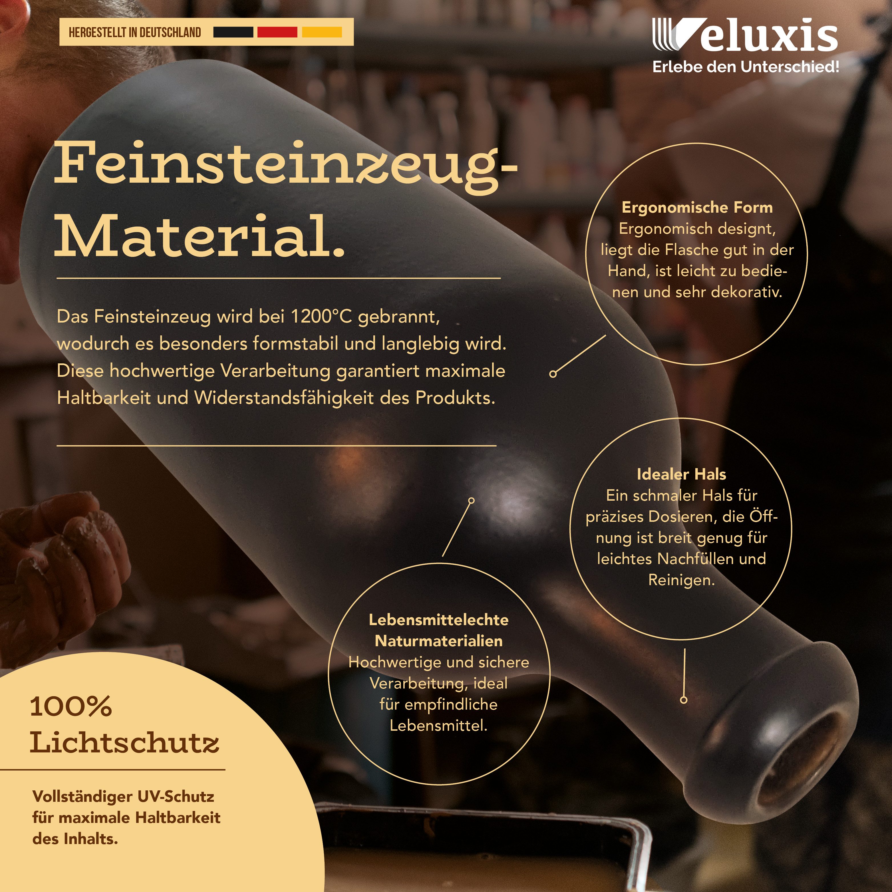 Veluxis Küchenorganizer-Set Essig & Öl Feinsteinzeug Flaschen-Set 2x 500ml + Ausgießer & Deckel, (Set), Made in Germany, 100% UV-Schutz, lebensmittelechte Materialien