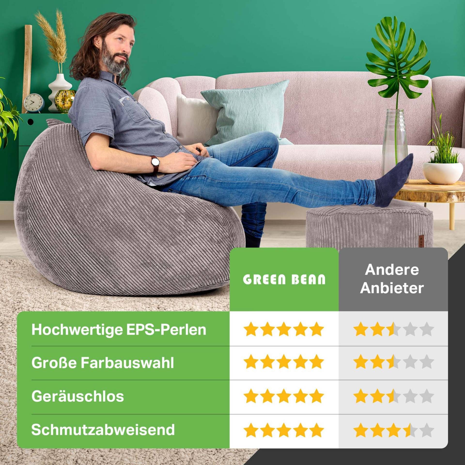 Green Bean Sitzsack XXL Sitzsack Scoop + Hocker aus Cord, Indoor Sitzkissen mit Sitzhocker, Relax Sessel