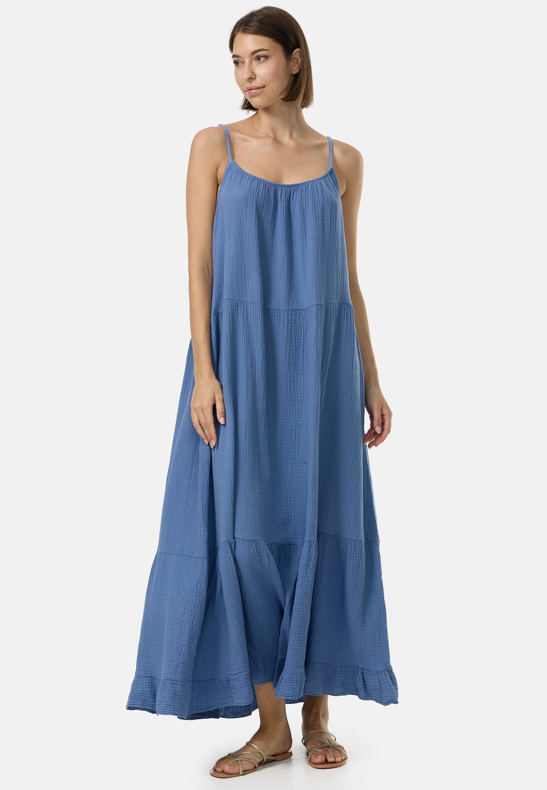 PM SELECTED Maxikleid PM48 (Romantisches Rüschen, Spaghettiträgern) Blau Atmungsaktiv, mit mit Hautfreundlich Musselin Maxikleid aus