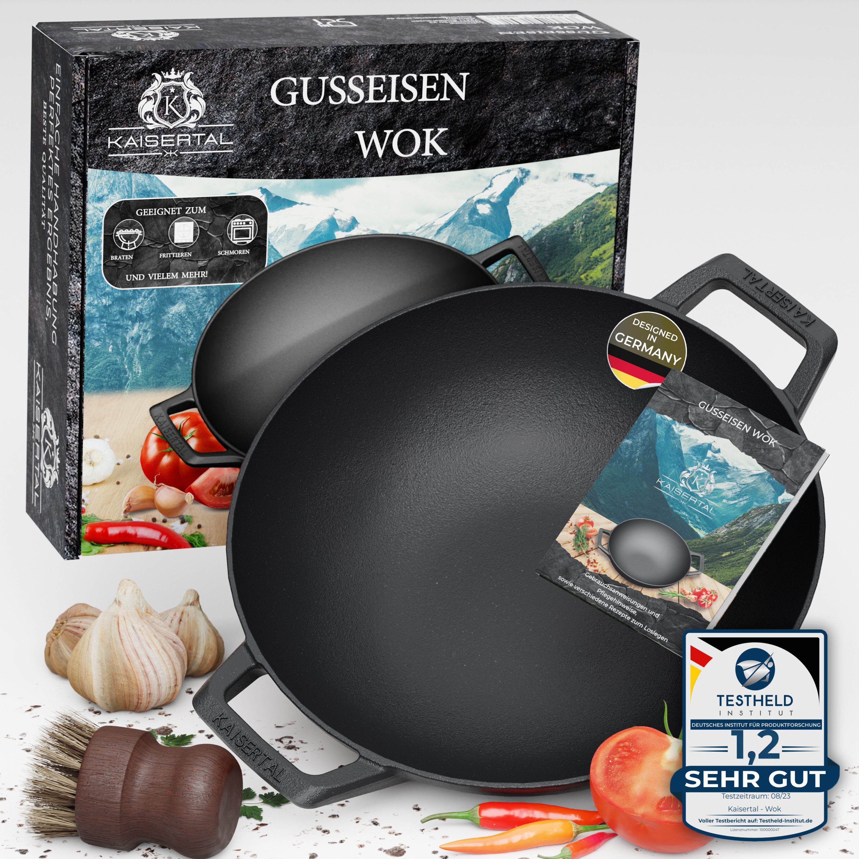 Kaisertal Wok KAISERTAL 32cm Gusseisen Wok Induktion - Wokpfanne aus Gusseisen, Gusseisen (1-tlg), Mit Rezeptbuch