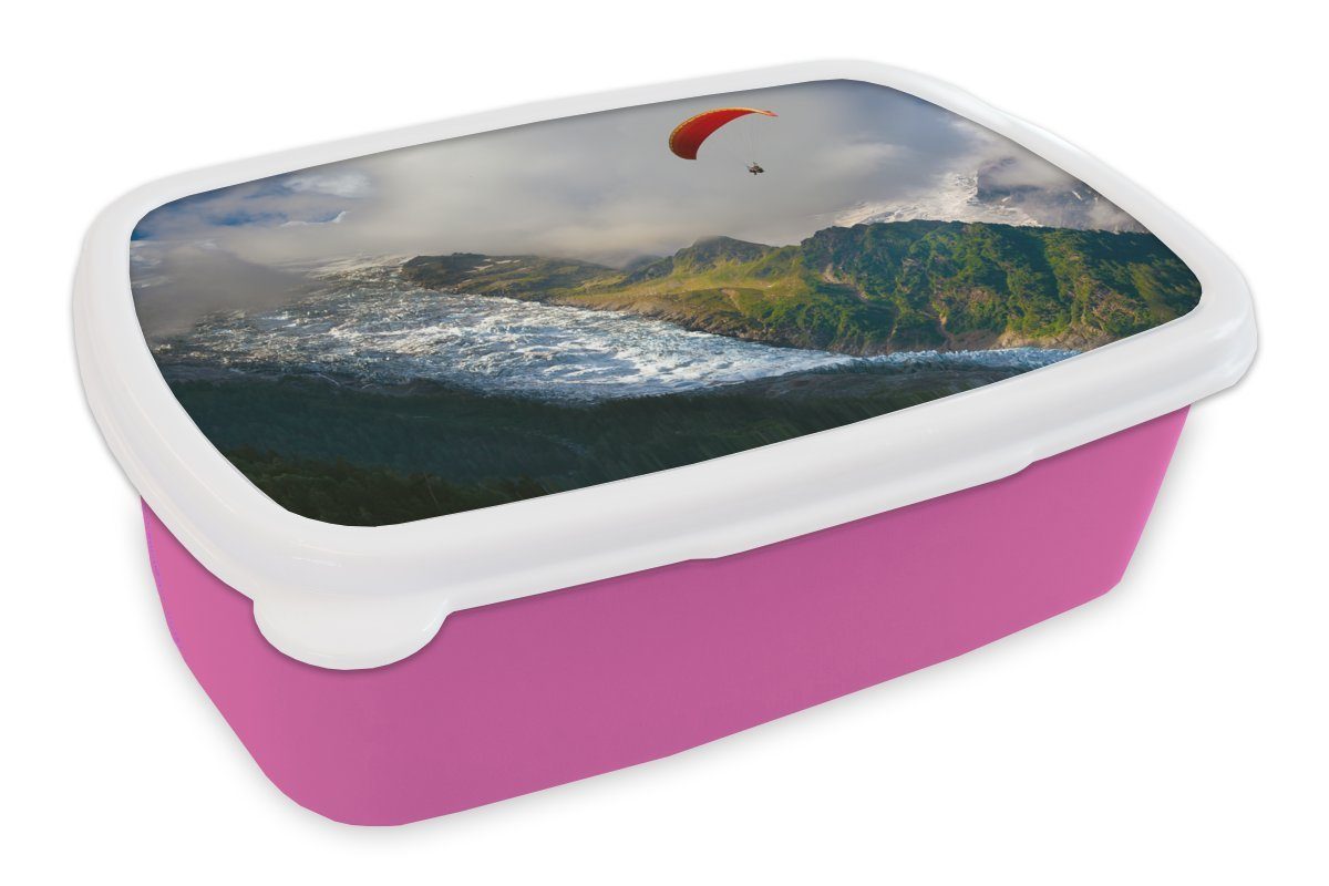 MuchoWow Lunchbox Alpen - Gleitschirmfliegen - Schnee, Kunststoff, (2-tlg), Brotbox für Erwachsene, Brotdose Kinder, Snackbox, Mädchen, Kunststoff rosa