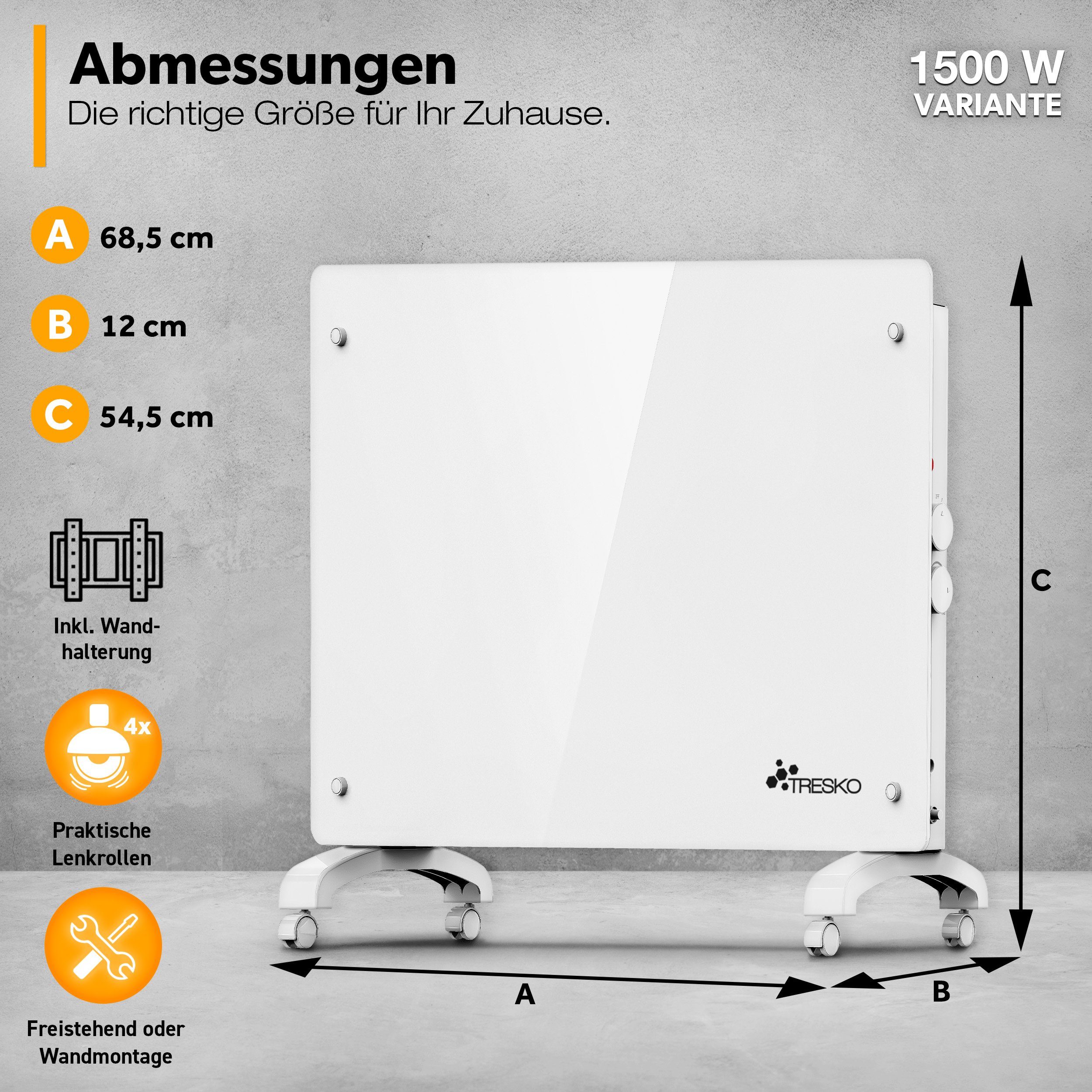 TRESKO Konvektor Glaskonvektor Elektroheizung 1500 & 2000W, 1500 W, APP WiFi Funktion, Glasheizung elektrisch
