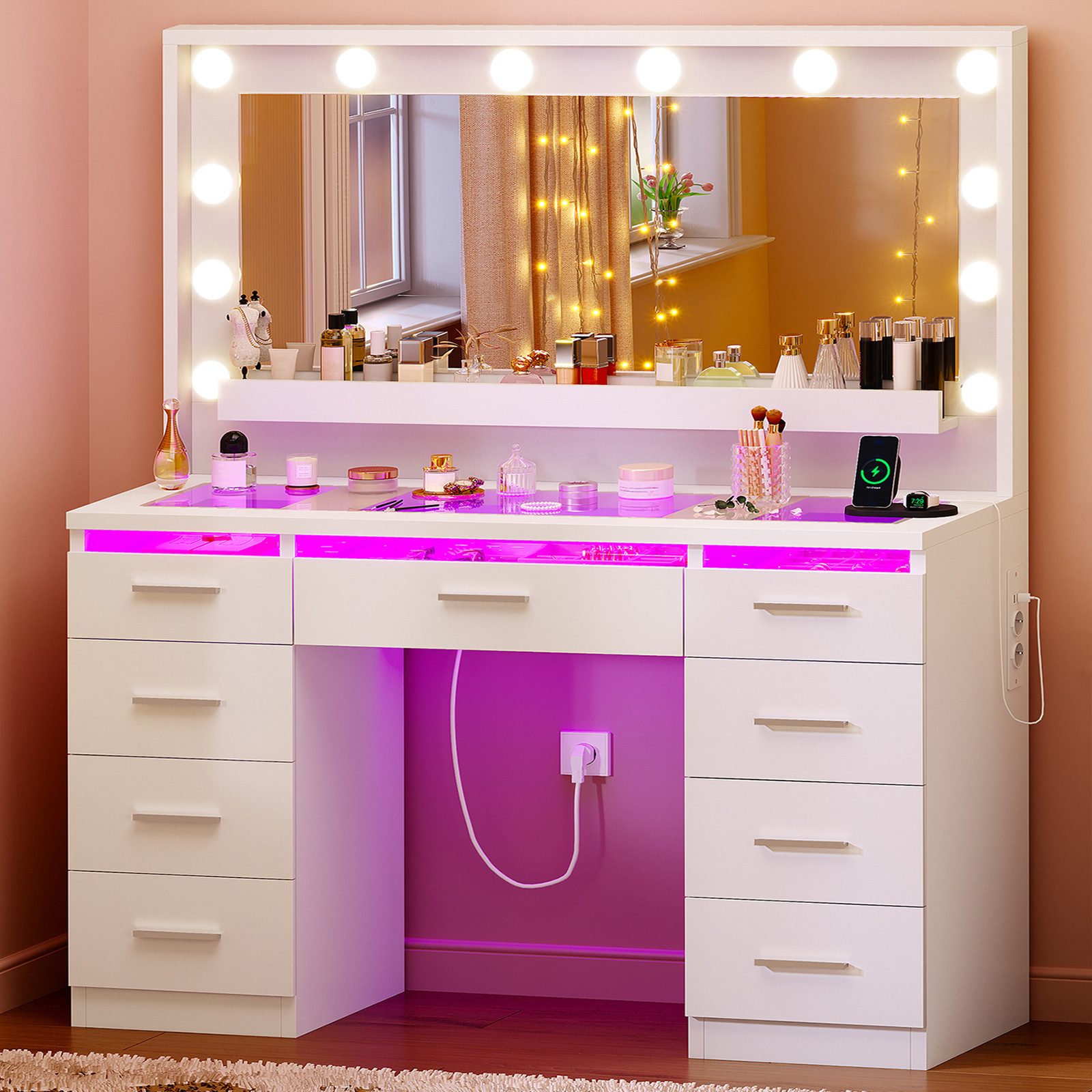 TEENFON Schminktisch mit RGB-LED-Beleuchtung und Glasplatte, 9 Schubladen (1-St), für das Schlafzimmer, Weiß
