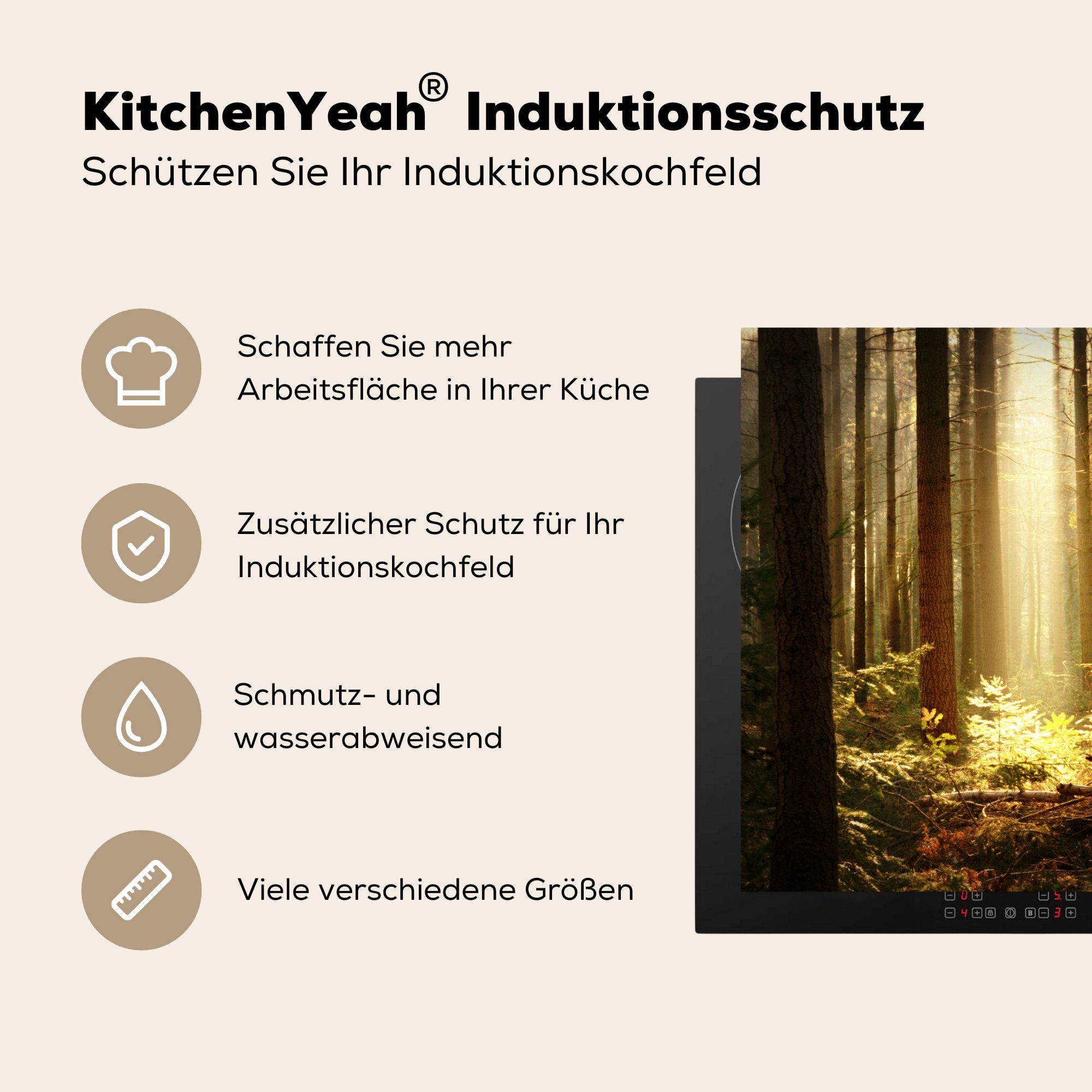 cm, küche, Wald - MuchoWow (1 Schutz Ceranfeldabdeckung Vinyl, Sonne, tlg), für Bäume 71x52 Induktionskochfeld Herdblende-/Abdeckplatte die -