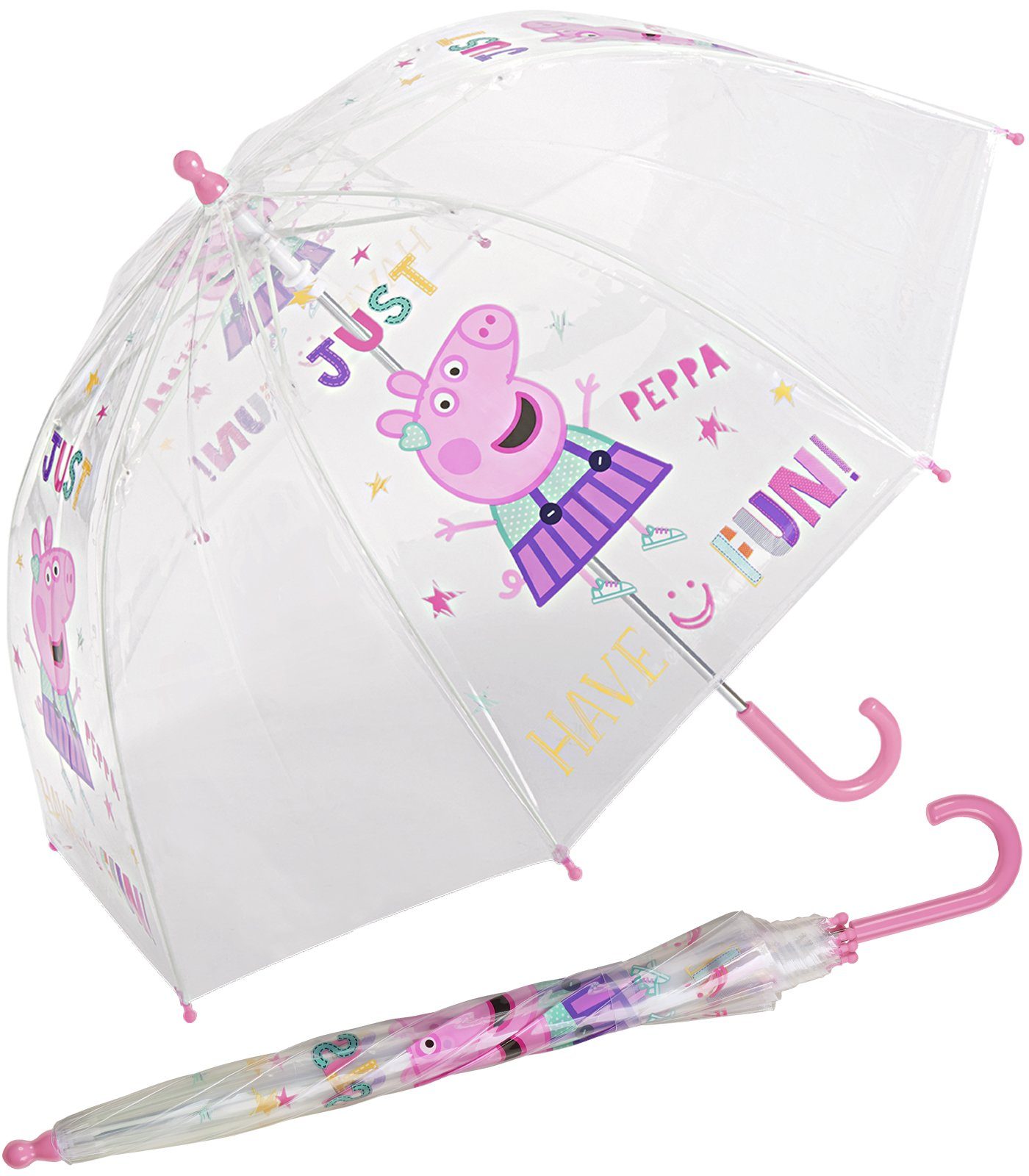 Stockregenschirm Kinder-Stockschirm mit Peppa Motiven transparent RAIN leicht, Just HAPPY durchsichtig, Fun Pig stabil,