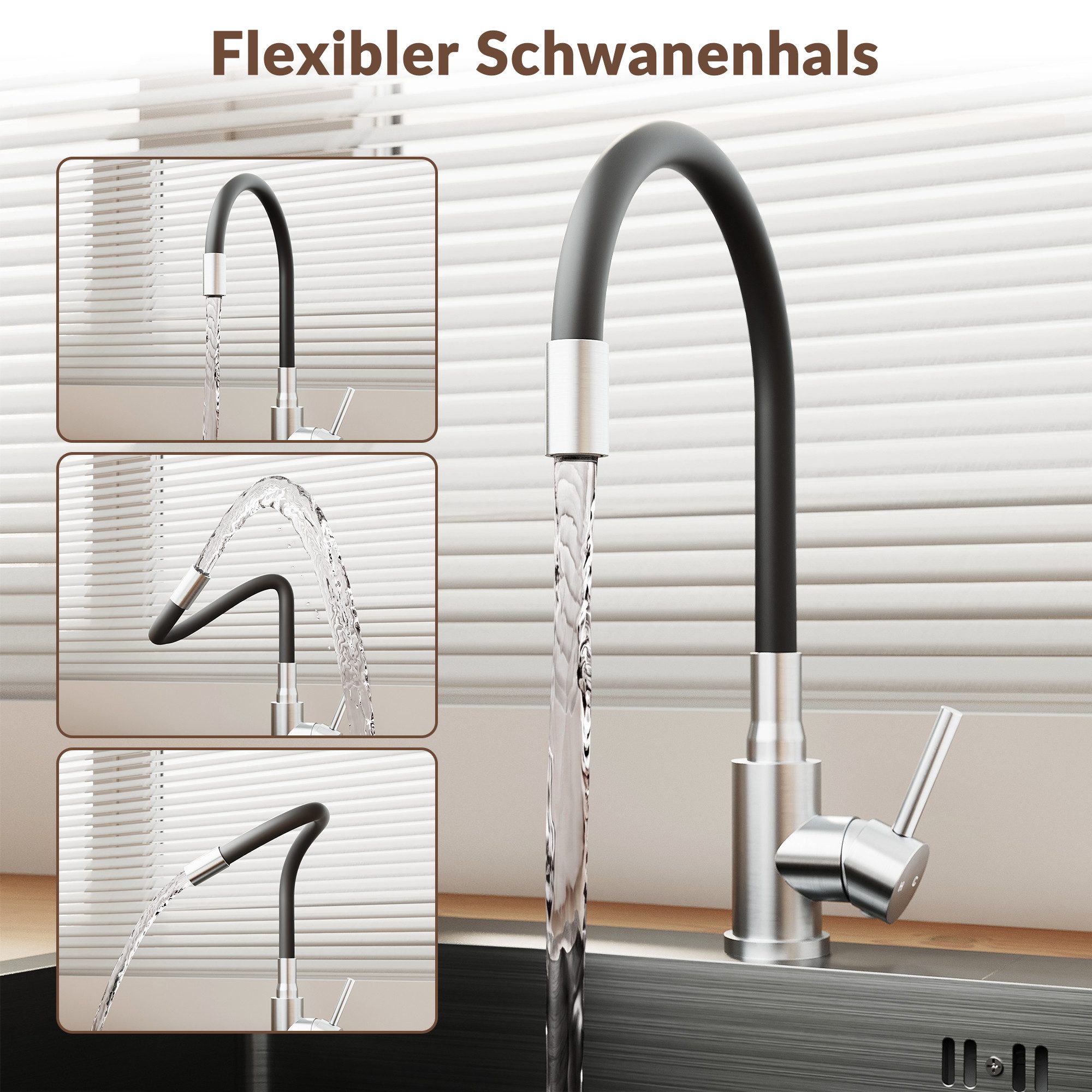 SONNI Küchenspüle Spülbecken 304 Edelstahl 50x45cm mit Silikon-Wasserhahn Einbauspüle, 50/20 cm, mit 360°-Silikonhahn & ausziehbarem Abtropfkorb, Aufbau, Einzel – Bild 4 von 5