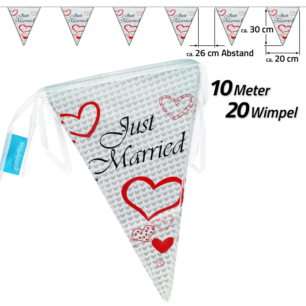 Goodymax Hängedekoration Wimpelkette 10 m "Just Married" Hochzeit Heiraten (Just Married", 1 Wimpelkette), 20 Wimpel
