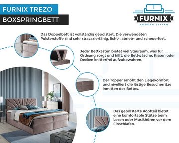 Furnix Boxspringbett TREZO 4 120/140/160/180/200x200 cm mit tiefen Bettkasten und Topper, hochwertige Polsterstoffe