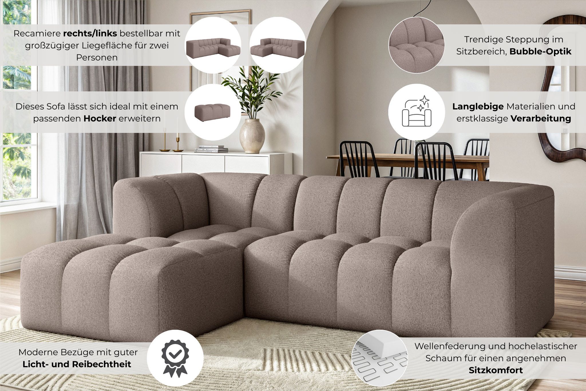 Home affaire Ecksofa TUURE L-Form, Verlässliche Qualität, moderne Steppung, Breite 255cm, Bubble Optik, moderne Steppung, hoher Sitzkomfort, Wellenunterfederung