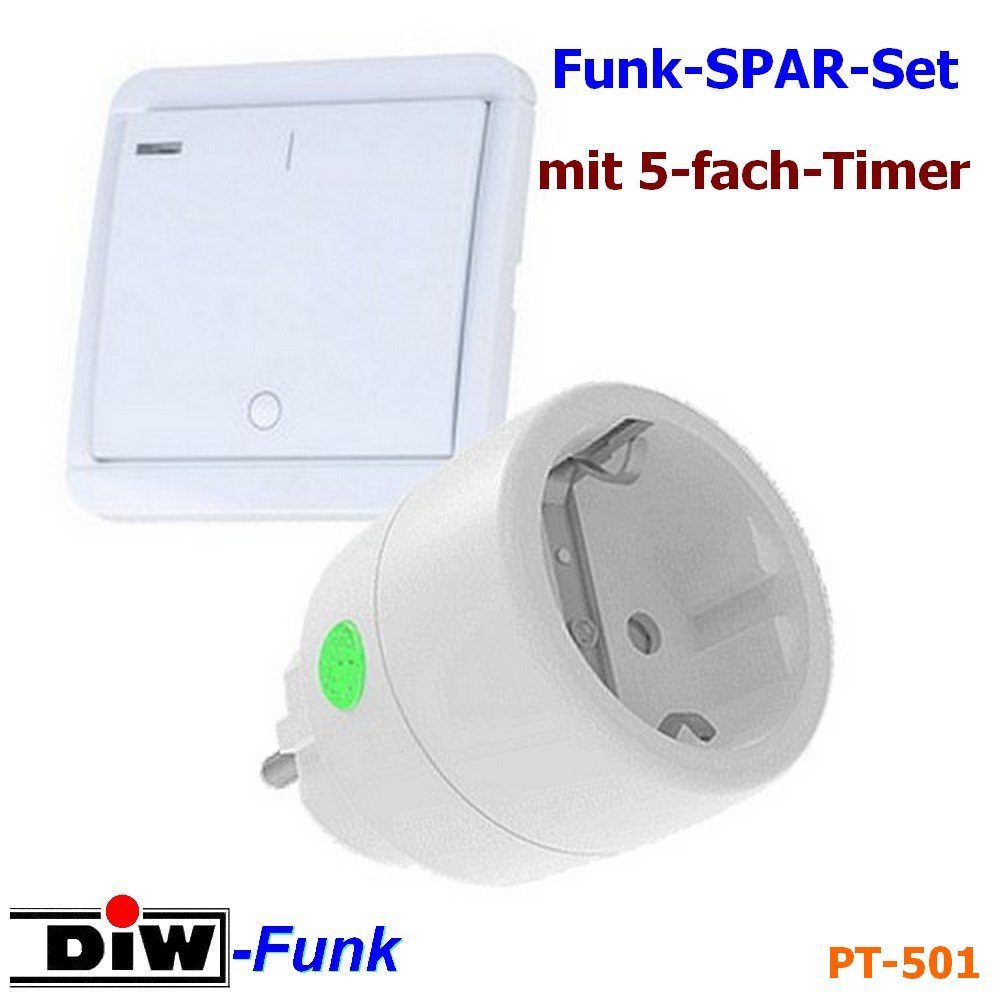 DIW-Funk Licht-Funksteuerung PT-501 DIW-Funk Timer SPARSET Steckdose + Wandsend, für Innenraum, 1 Schaltkontakte, Spar-Set, Komplett-Set, Wandsender mit LED