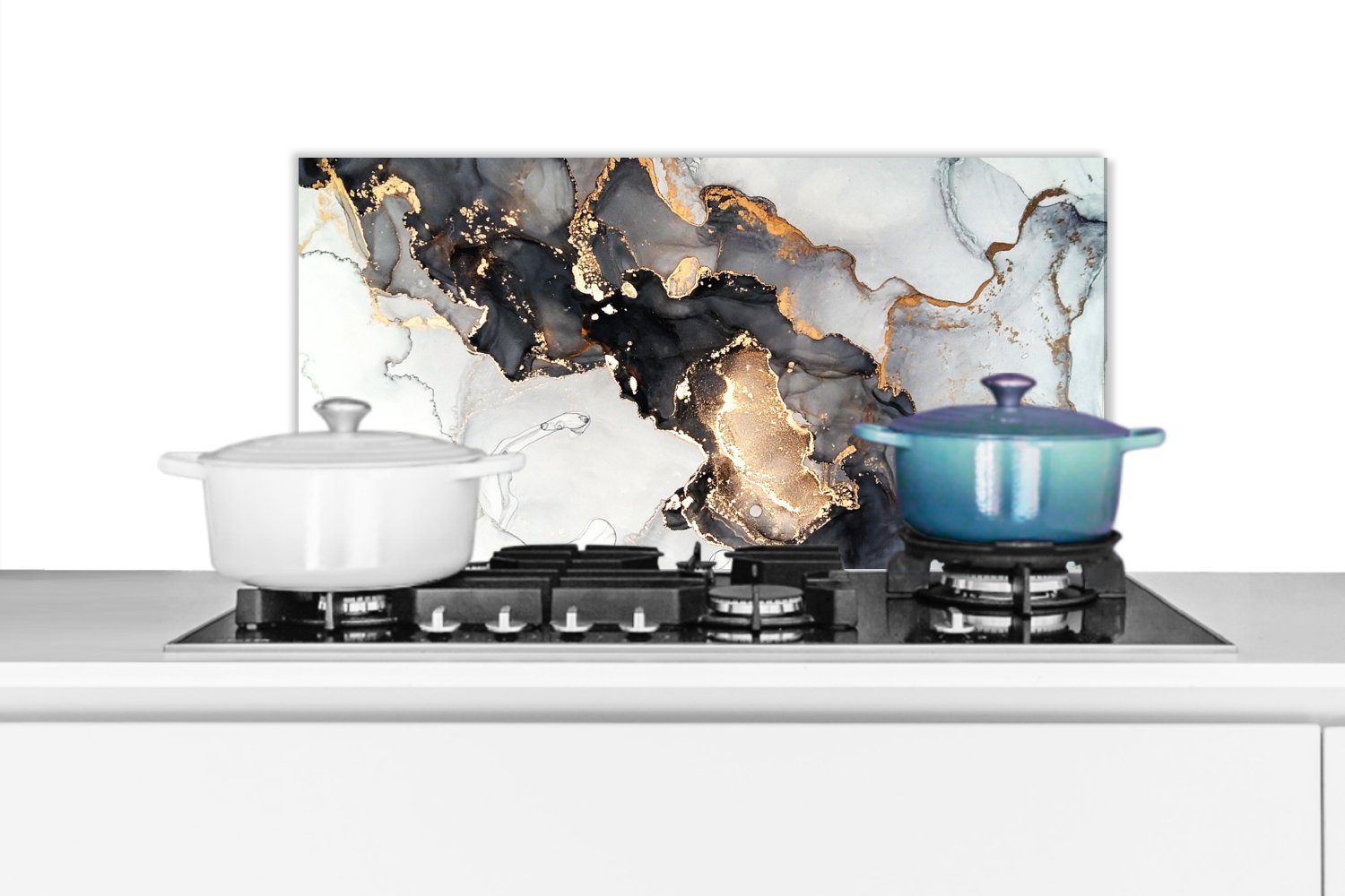 MuchoWow Küchenrückwand Marmor - Schwarz - Weiß - Gold - Luxus - Abstrakt, (1-tlg), 60x30 cm, Wandschutz, gegen Fett und Schmutzflecken für Küchen