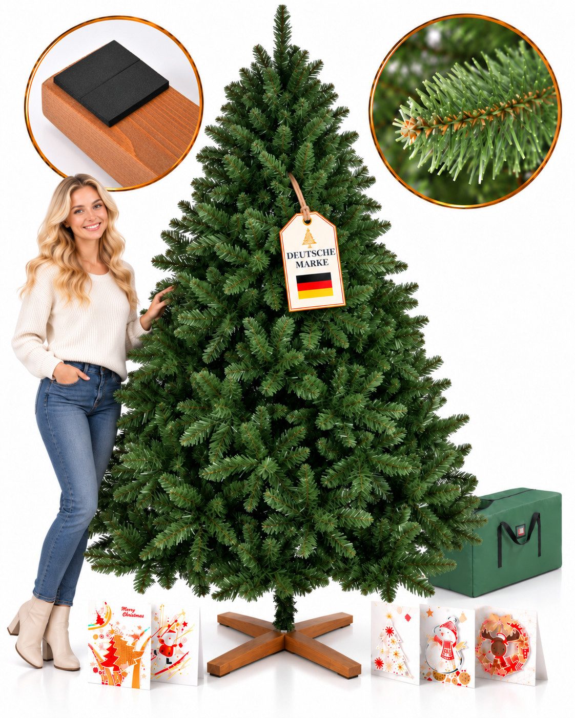 Onbest Künstlicher Weihnachtsbaum Premium wie Echt in 150cm 180cm 220cm mit Holzständer und Tasche, Nordmanntanne, mit 5 Weihnachtskarten, PVC-Nadeln, einfacher Aufbau, 7cm Nadelbreite