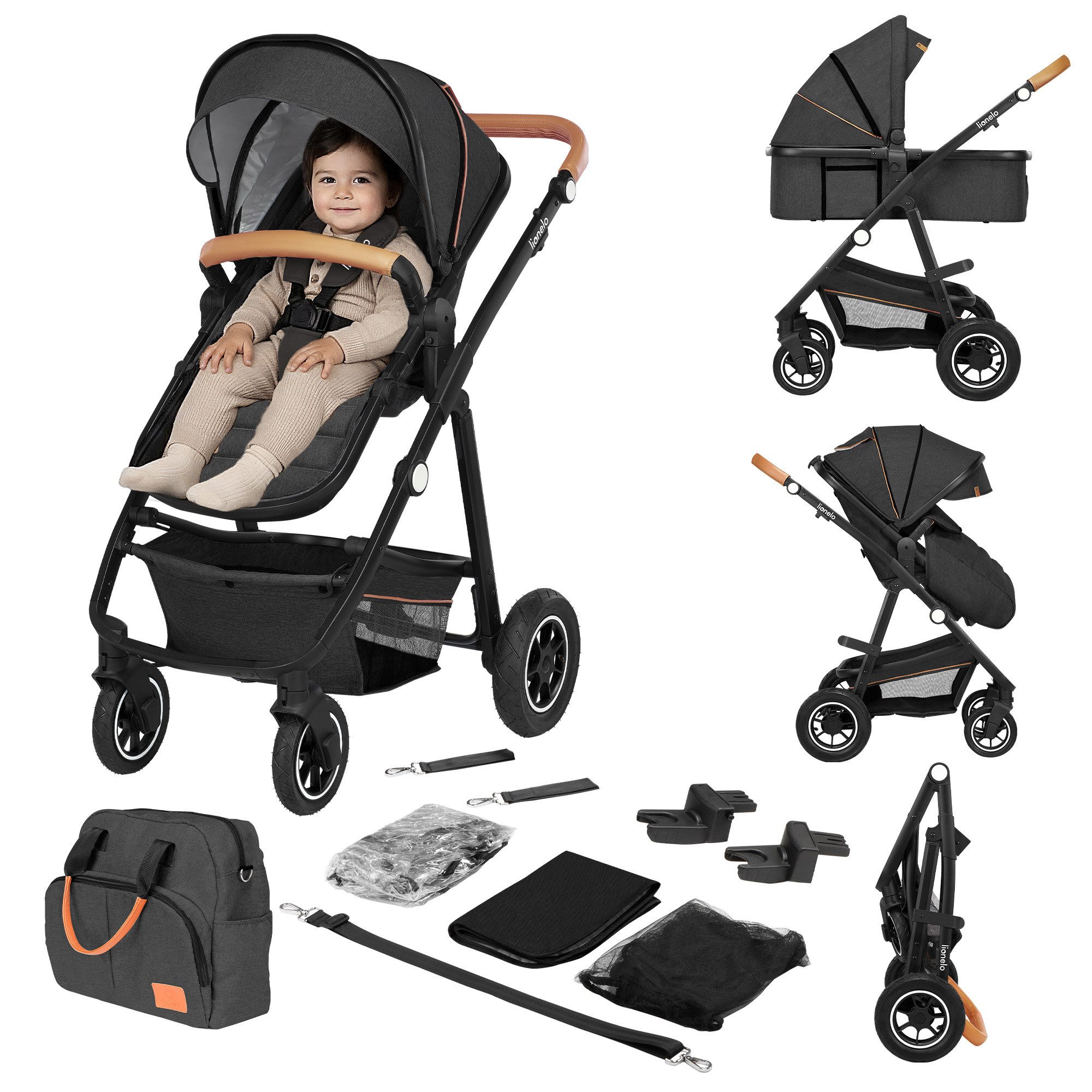 lionelo Kombi-Kinderwagen Amber 2in1, Tasche Moskitonetz Regenschutz Schutzüberzug 2in1