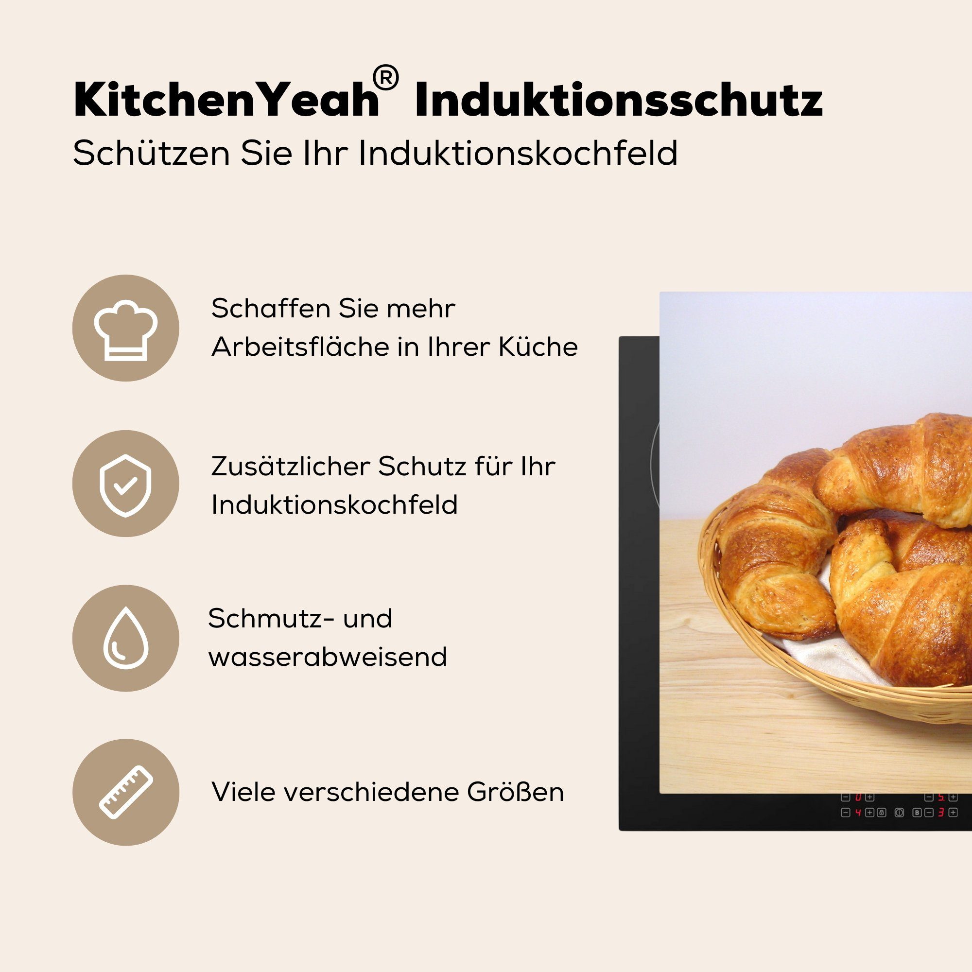 für Herdblende-/Abdeckplatte cm, (1 die in 59x52 Ceranfeldabdeckung einem Brotkorb, Croissants tlg), MuchoWow Vinyl, Induktionsmatte küche,