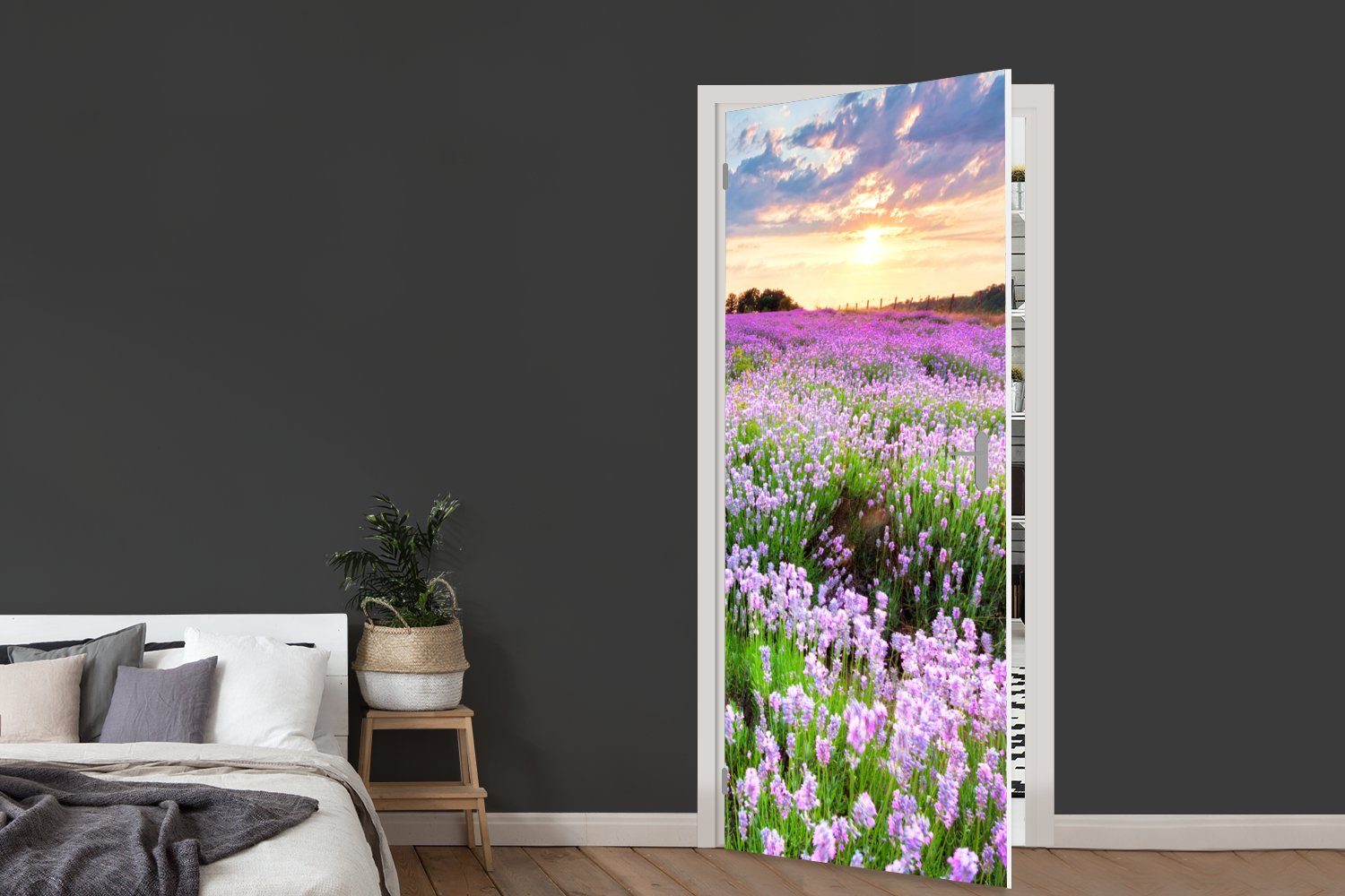 Lavendel (1 - Sonnenuntergang St), Himmel cm MuchoWow Matt, Blumen - 75x205 - Fototapete Natur, - - bedruckt, Tür, Lila für - Türaufkleber, Türtapete Wiese