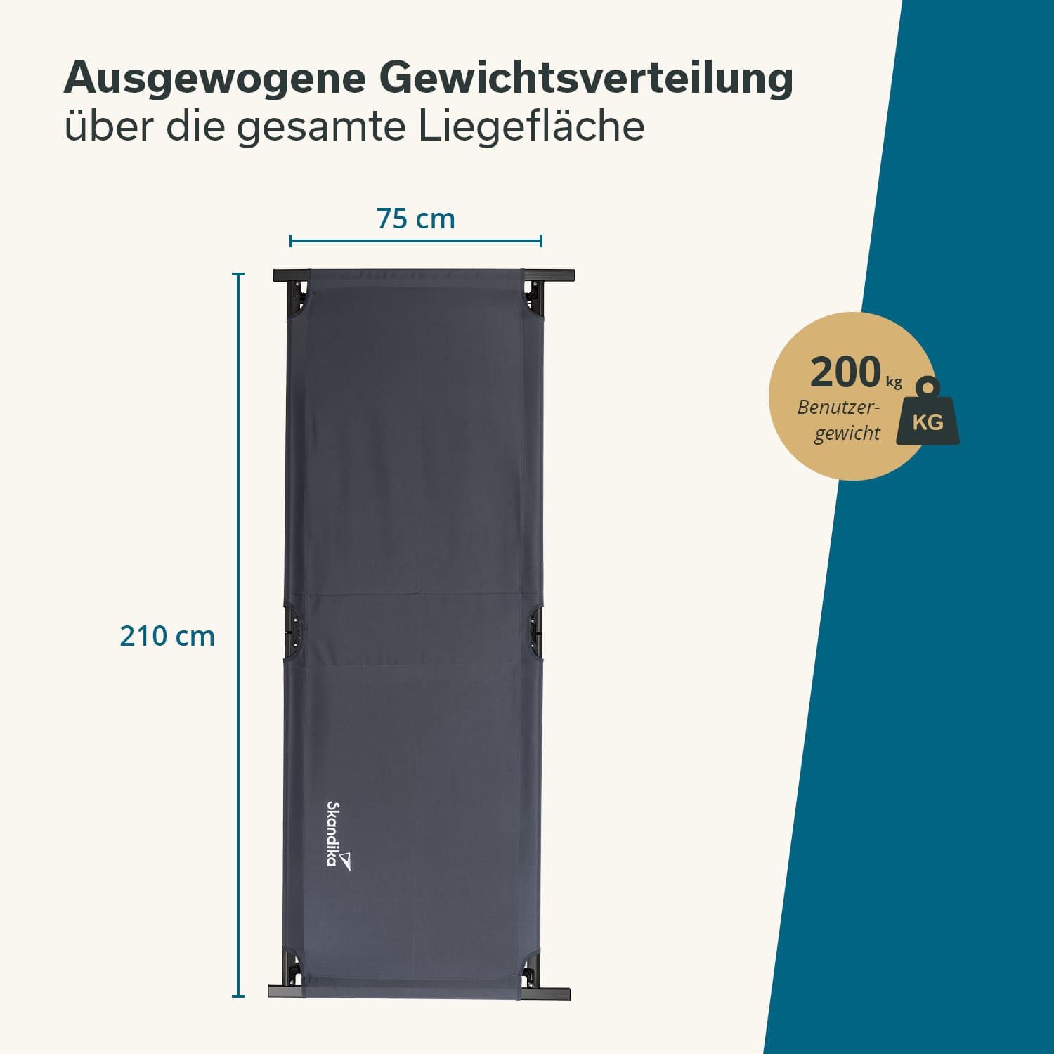 Skandika Feldbett Mutenia, Klappbare Campingbett, Sonnenliege, Campingliege (Spanngurte, 3 Stück zur Spannung der Liegefläche, Organizer-Tasche) Organizer-Tasche, max.200kg, 210 x 75cm, Anti-Rutsch-Füße, Tragetasche