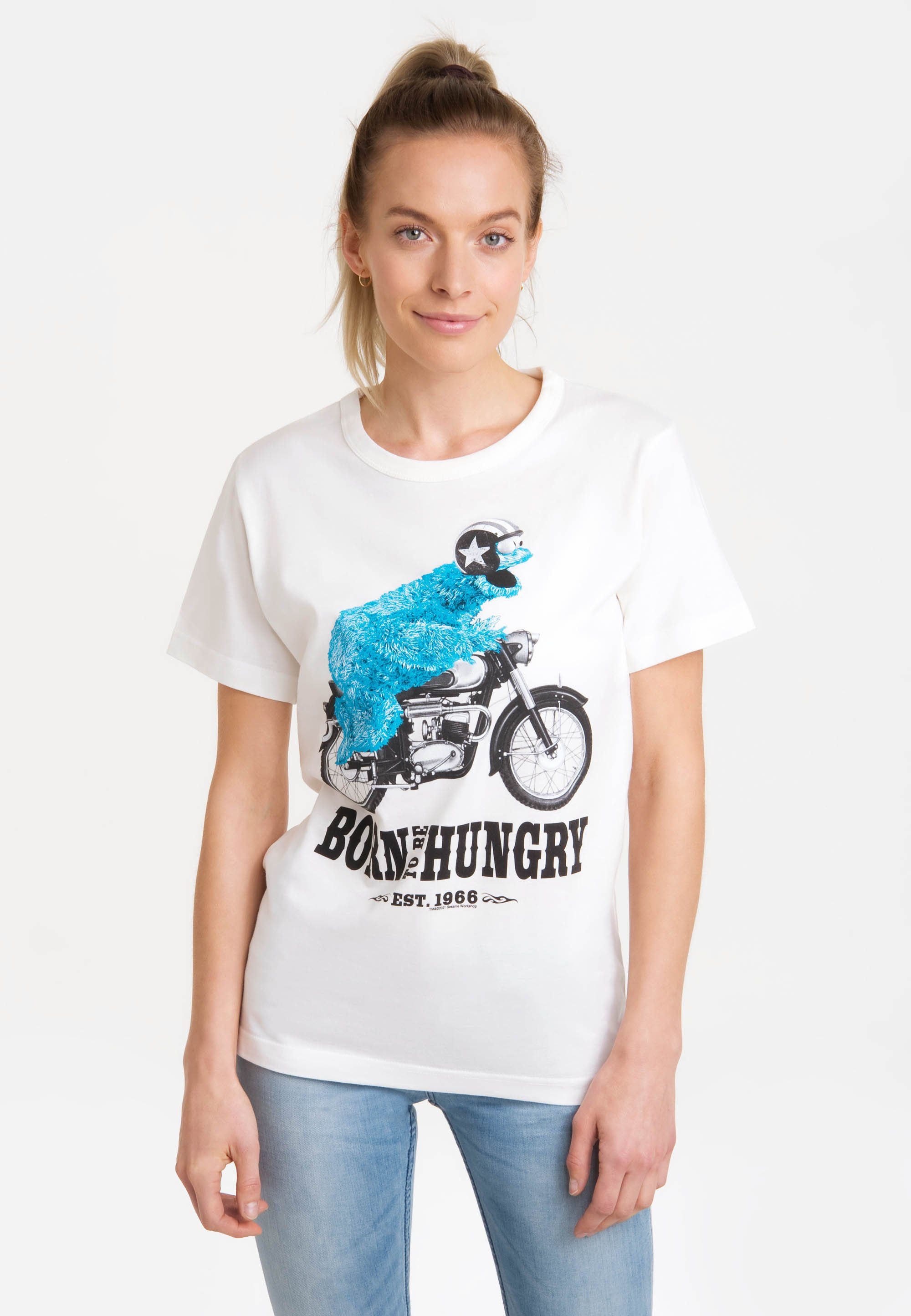 Damen Shirts LOGOSHIRT T-Shirt Sesamstrasse - Krümelmonster Motorrad mit lizenziertem Print