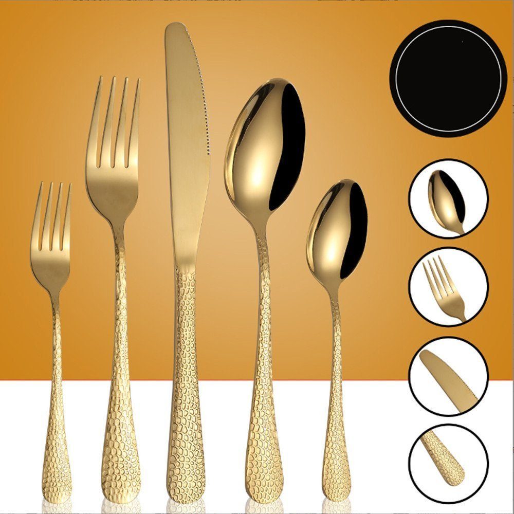 KingLux Besteck-Set 60 teilig Hammered Besteck Set Gold Essbesteck für 12Personen (60-tlg), 12 Personen, Edelstahl