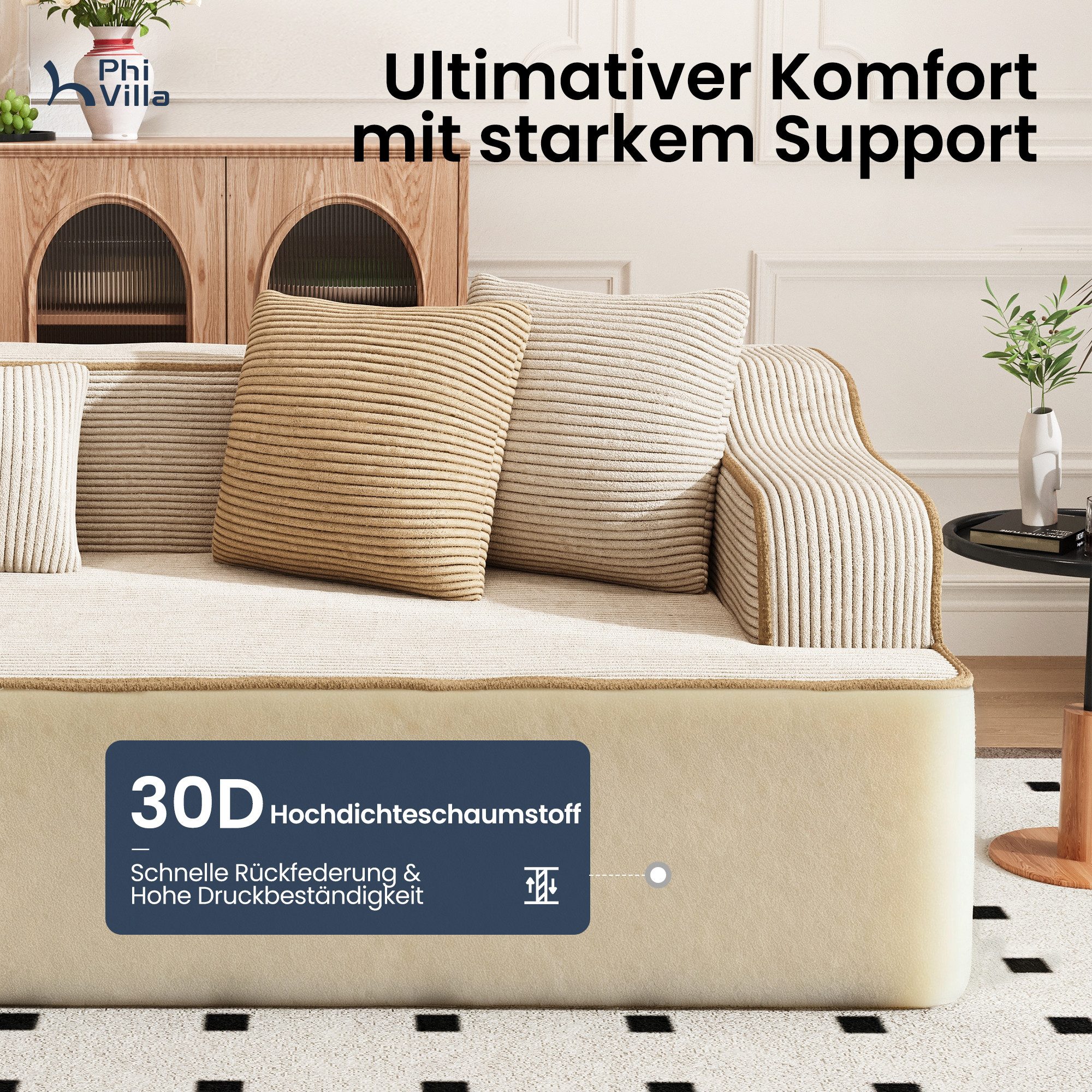PHI VILLA Ecksofa, Boneless Couch 3-7 Sitzer, L Form Modulares Sofa Wohnzimmer Cord Keine Montage