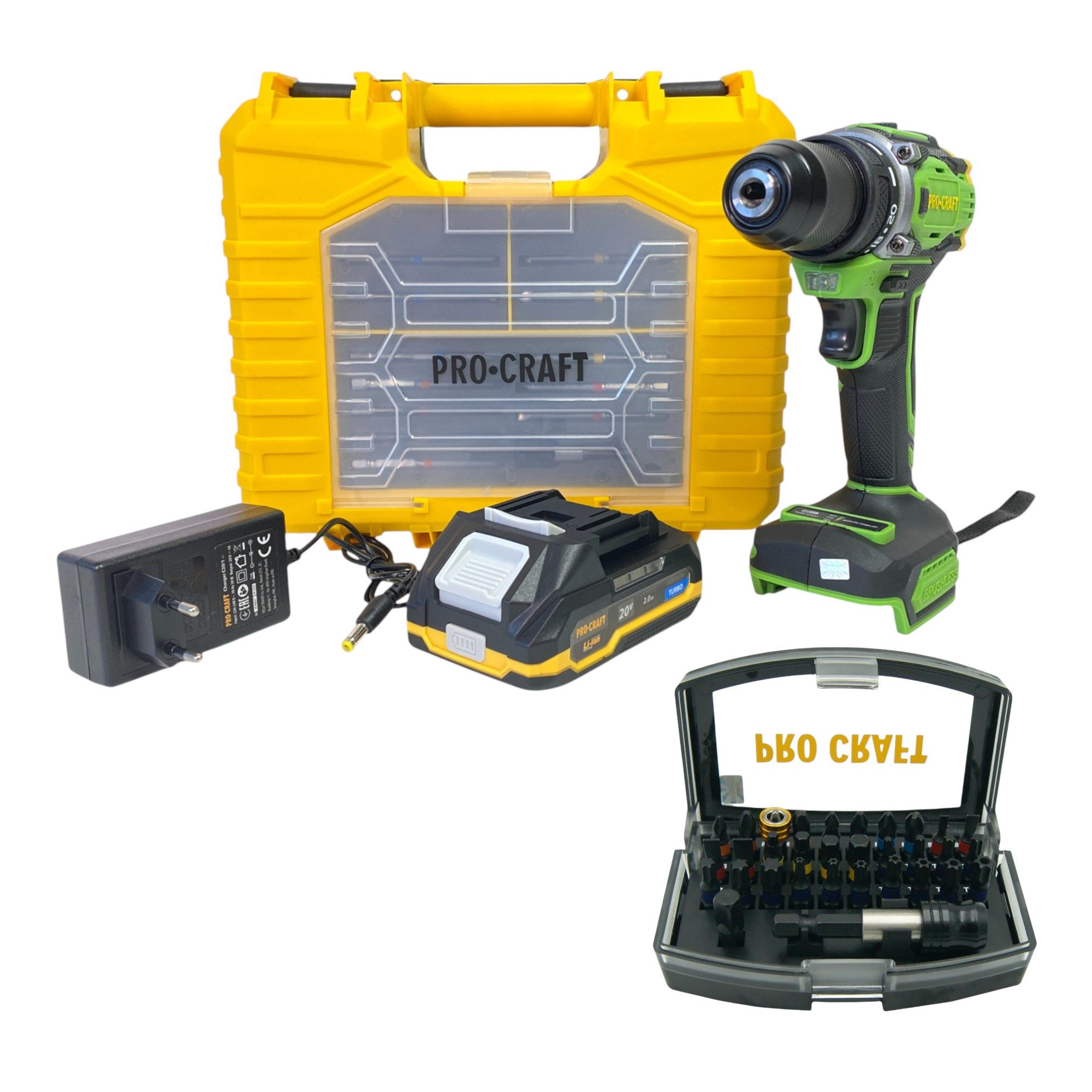 PRO CRAFT Akku-Schrauber Procraft PA18Pro2-1B-C Akku Bohrschrauber 20 V 30 Nm + 32 tlg. Bit Set