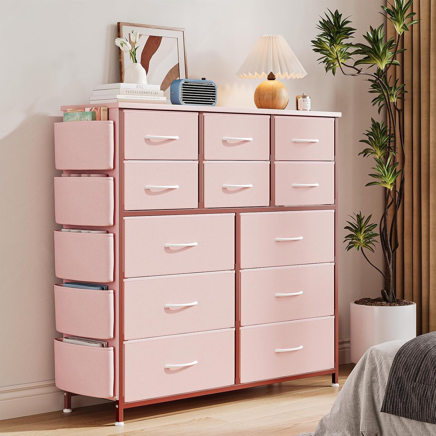 GarveeMore Kommode Schrank Schlafzimmer Wohnzimmer Flur, Schrank, 12 Schubladen mit Griffen,Rosa,99x30x110CM
