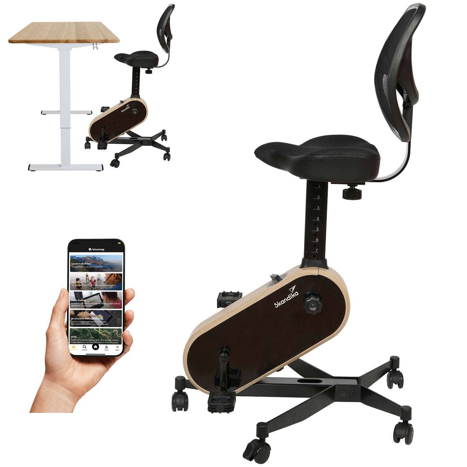 Skandika Heimtrainer Office Bike, Deskbike für Home Office, Kinomap App kompatibel, Transportrollen, Fahrradstuhl bis 150 kg, 8 Widerstandsstufen