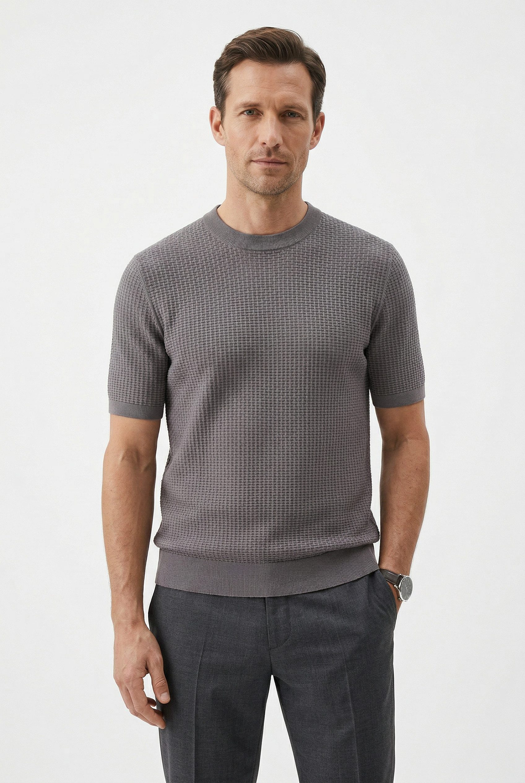 BOSS Kurzarmpullover Nilton Premium Menswear Business-Casual-Look, Strukturstrick-Material