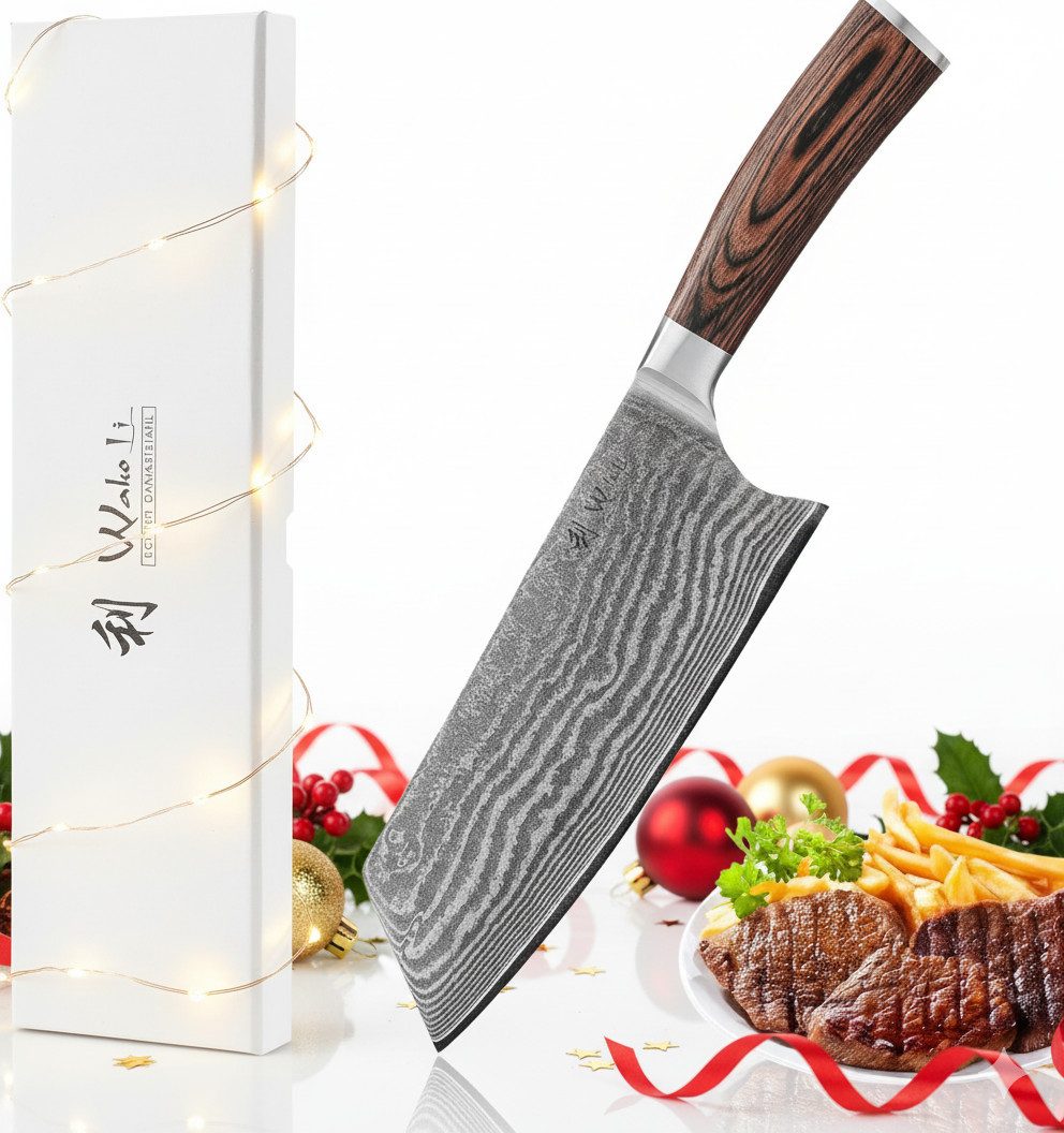 Wakoli Asiamesser Edib Chai Dao Damastmesser I Kochmesser Küchenmesser I 19cm Klinge, aus 67 Lagen Damaststahl mit Kupfereinlage, VG-10 Stahlkern
