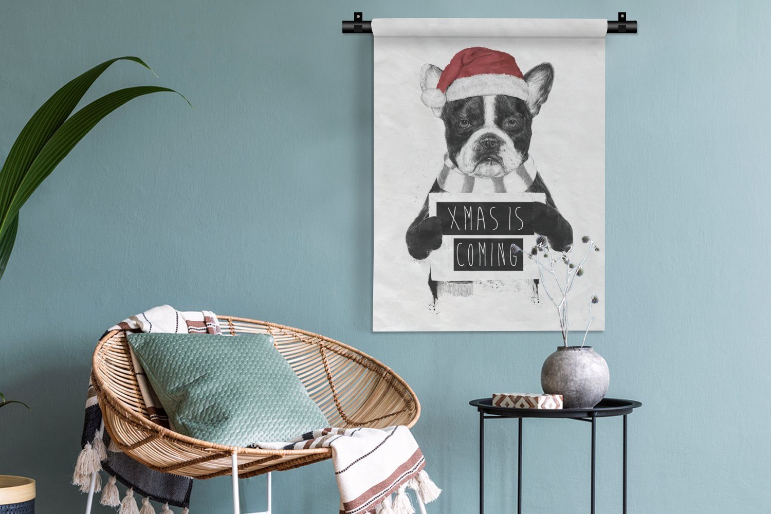 Wanddekoobjekt - Tiere, - für Weihnachtsmütze Wand, Wohnzimmer, MuchoWow Tapisserie, Hund - der Schlafzimmer Deko Schal an