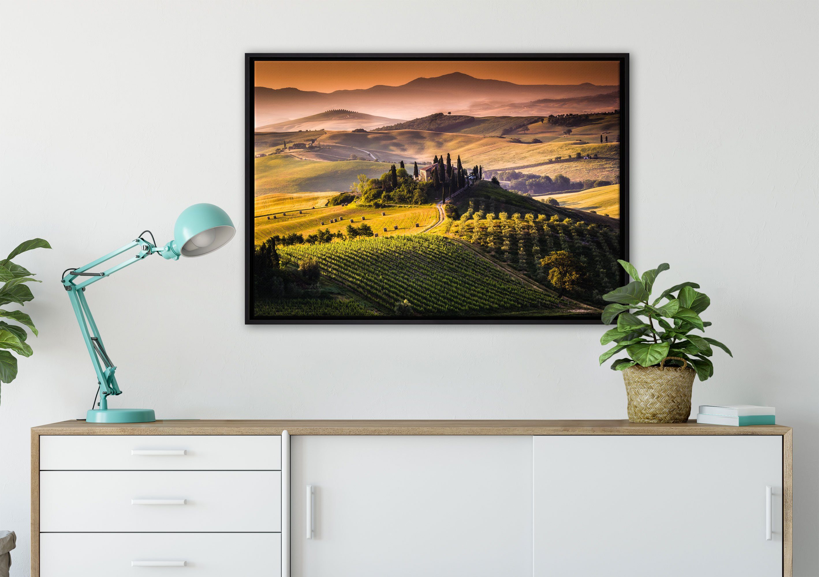 Wanddekoration St), bespannt, Leinwandbild fertig (1 in einem Wunderschöne Leinwandbild Toskana gefasst, Pixxprint inkl. Landschaft, Schattenfugen-Bilderrahmen Zackenaufhänger