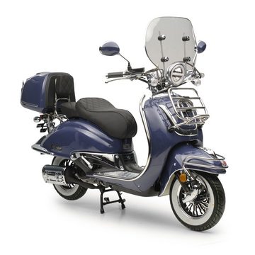 Burnout Motorroller EasyCruiser Chrom Dunkelblau, 50 ccm, 45 km/h, Euro 5, LED Beleuchtung, Digitales Tacho, Retro, mit Windschild & Topcase, USB