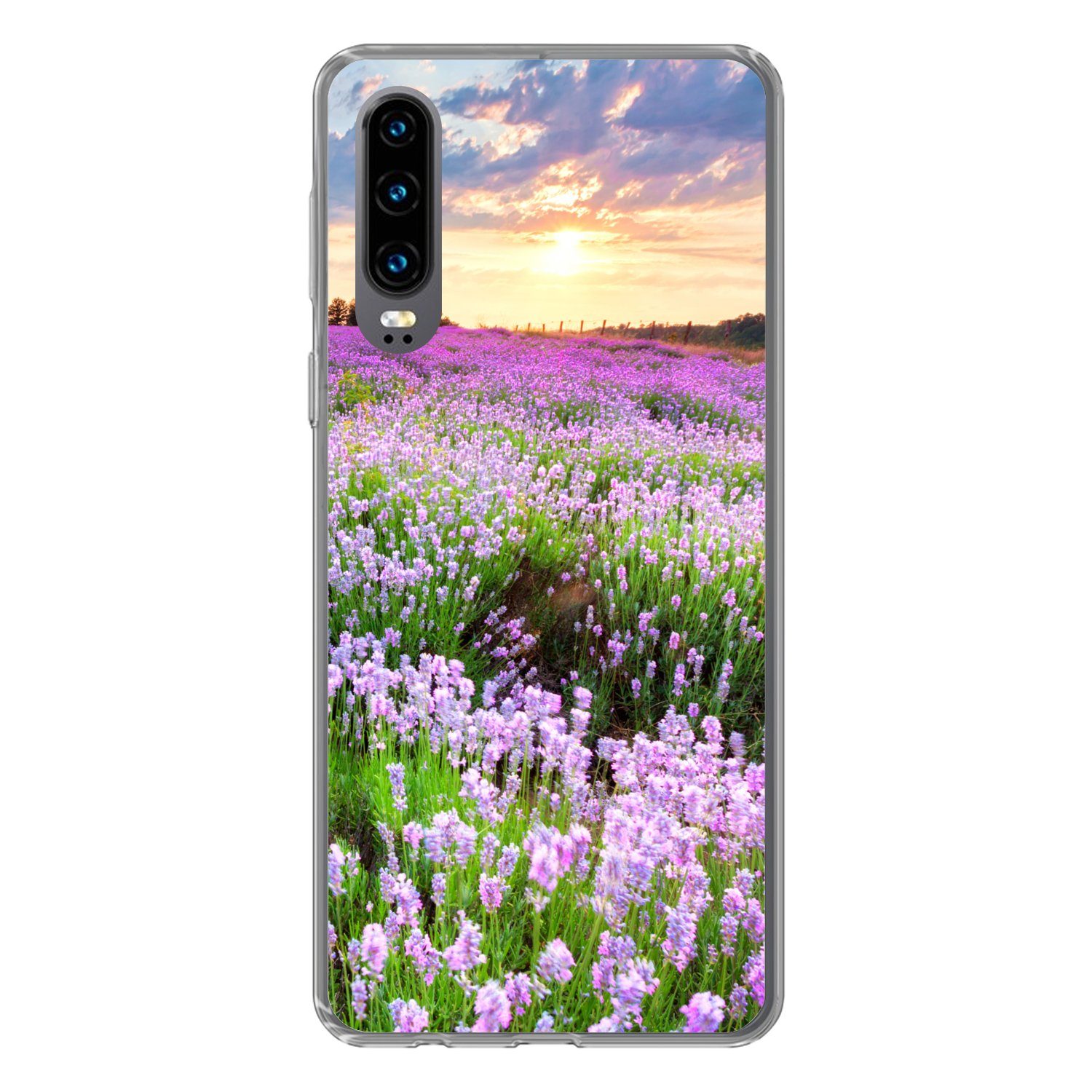 MuchoWow Handyhülle für Huawei P30 Blumen - Lavendel - Lila - Himmel - Sonnenuntergang - W, Handy Case, Silikon, Bumper Case Dünn