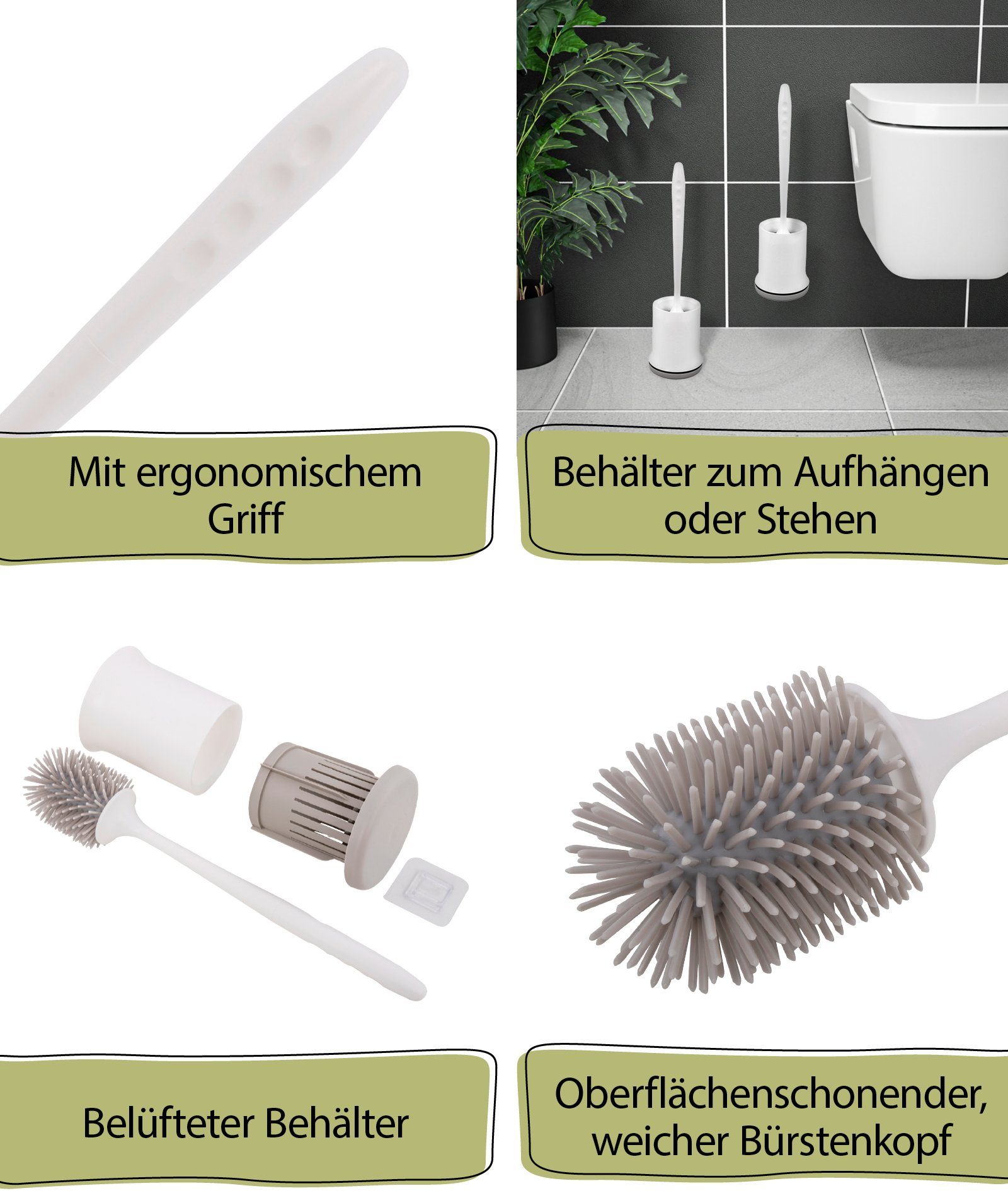 Silikonborsten hygienisch, Kleben, 2-tlg., Behälter), 870719 Limited, ergonomisch, WCs, zum Wandmontage und mit (Bürstengarnitur, aquaSu WC-Reinigungsbürste weiß,