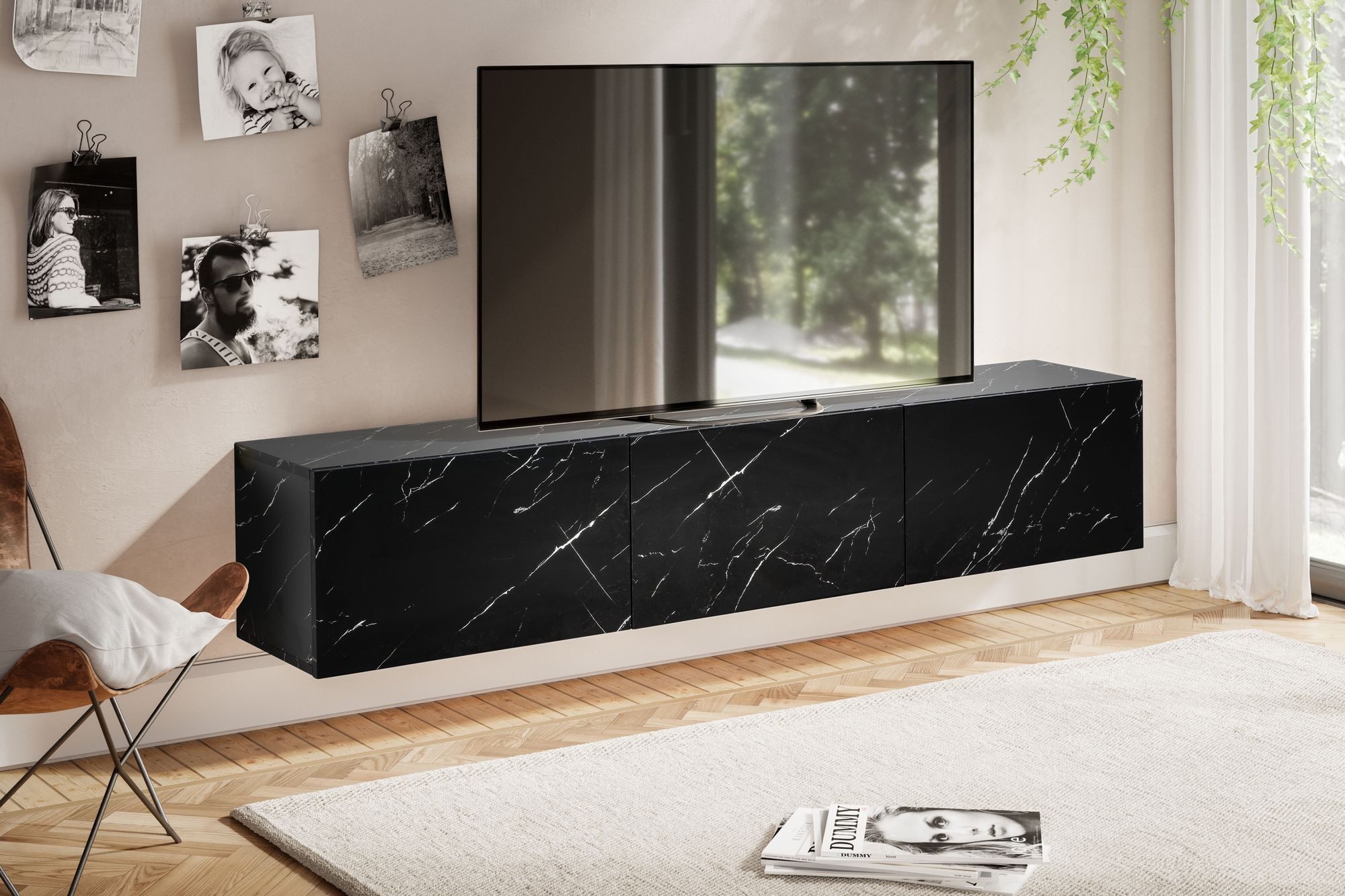 Wohnling Lowboard WL6.865 TV Schrank Hängend 160 cm Marmor-Optik Schwarz TV-Kommode (Marmor-Optik Schwarz 120x30x30 cm mit zwei Türen), TV-Kommode Hoch, TV-Schrank Modern, Fernsehtisch