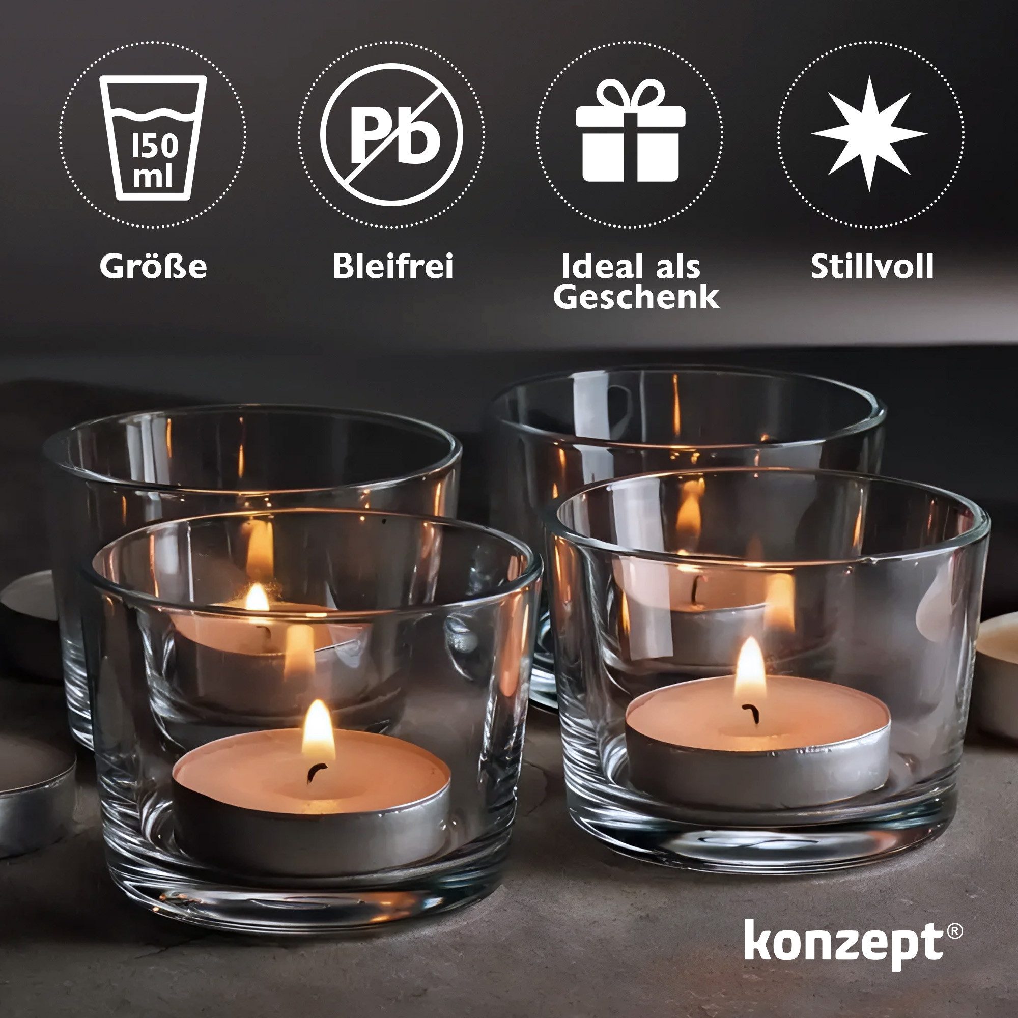 KONZEPT Tischkerzenhalter Teelichtgläser 150 ml, groß und transparent 7,2 x 5,8 x 8,2 cm (Set, 12 St., (Teelichthalter, Kerzengläser), Glasteelichthalter, Kerze – Bild 3 von 5