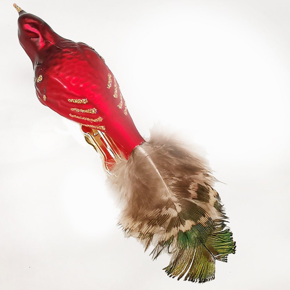 Schatzhauser Christbaumschmuck Vogel mit mundgeblasen, 7cm (1-tlg), Naturfedern, handbemalt Rotschnabel