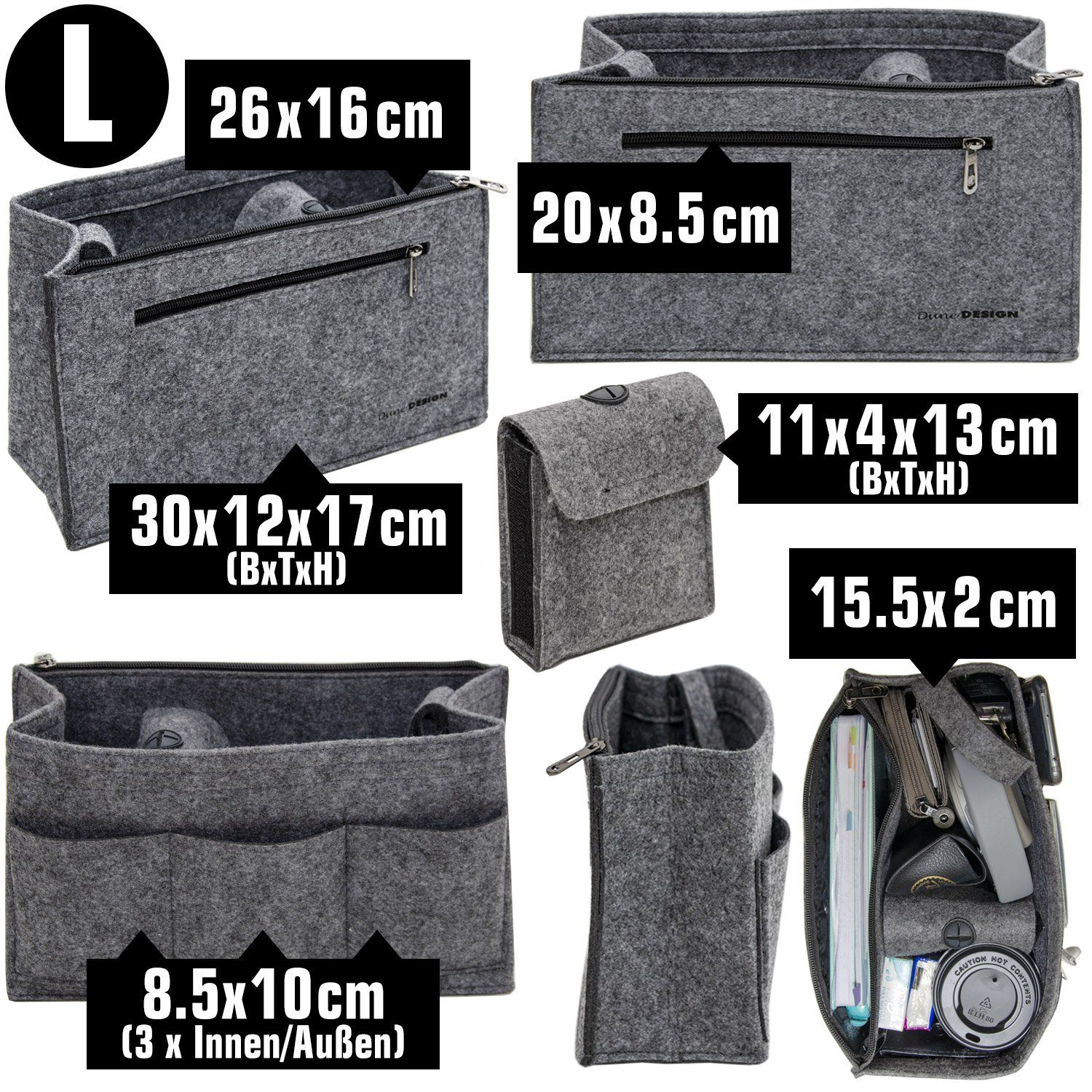 DuneDesign Taschenorganizer L - Filz Handtaschenorganizer mit Fächern für Handtasche und Rucksack, 30 x 12 x 17 cm Taschen Organizer - Innentasche für Damen Han – Bild 4 von 5