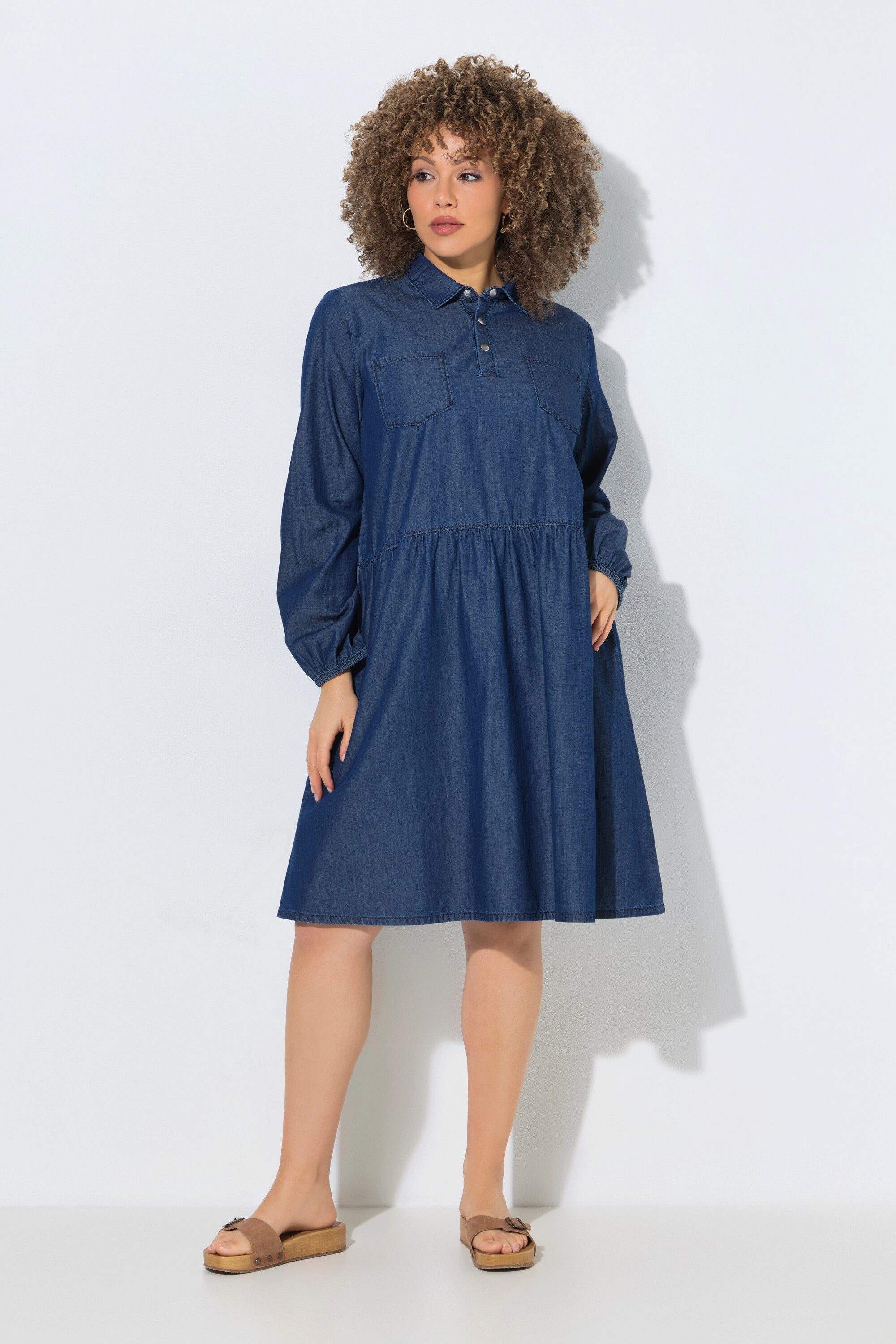 Ulla Popken Midikleid Jeanskleid A-Linie Hemdkragen Brusttaschen