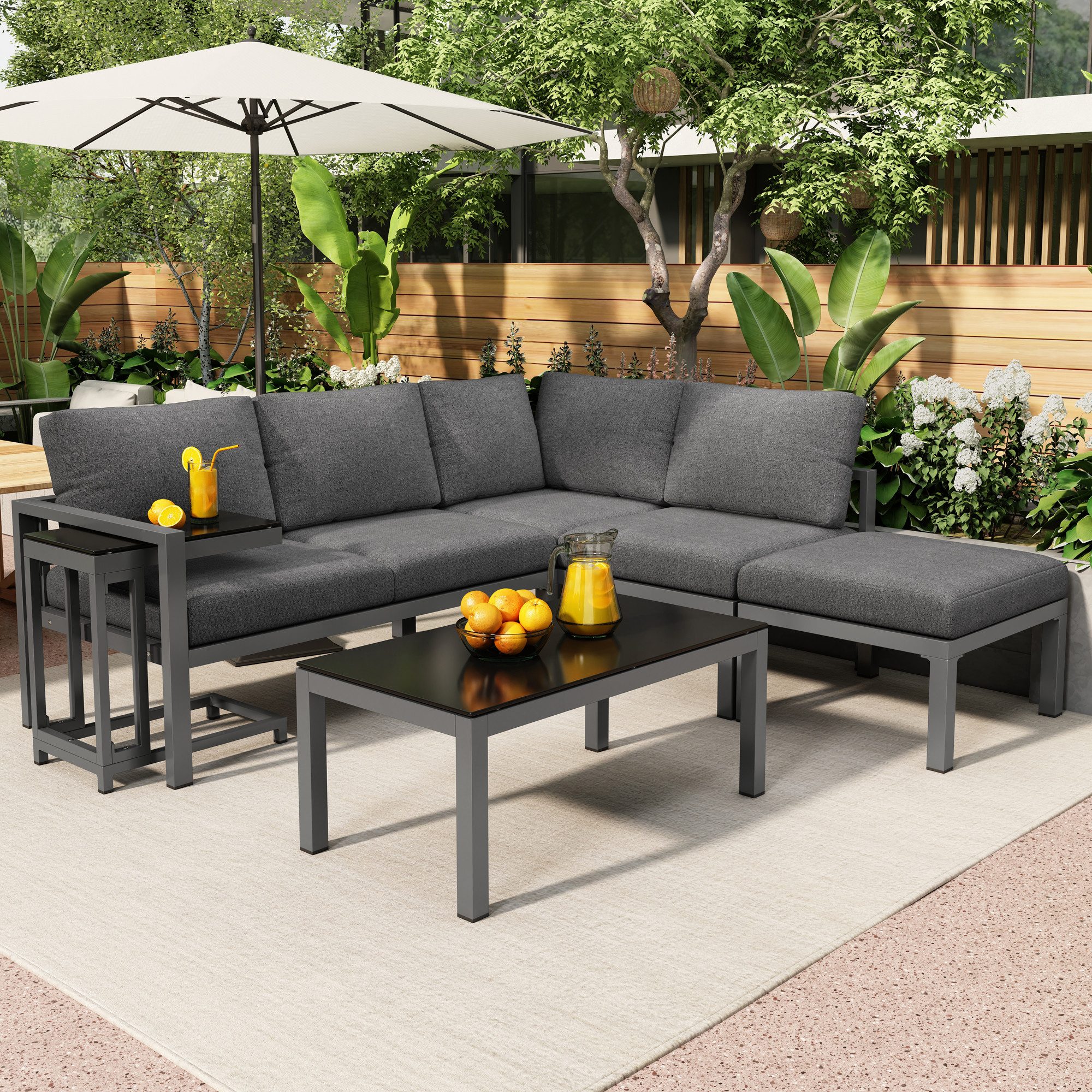 Flieks Gartenlounge-Set, 5 Sitzer Gartenmöbel Sitzgruppe Balkonset aus Aluminium