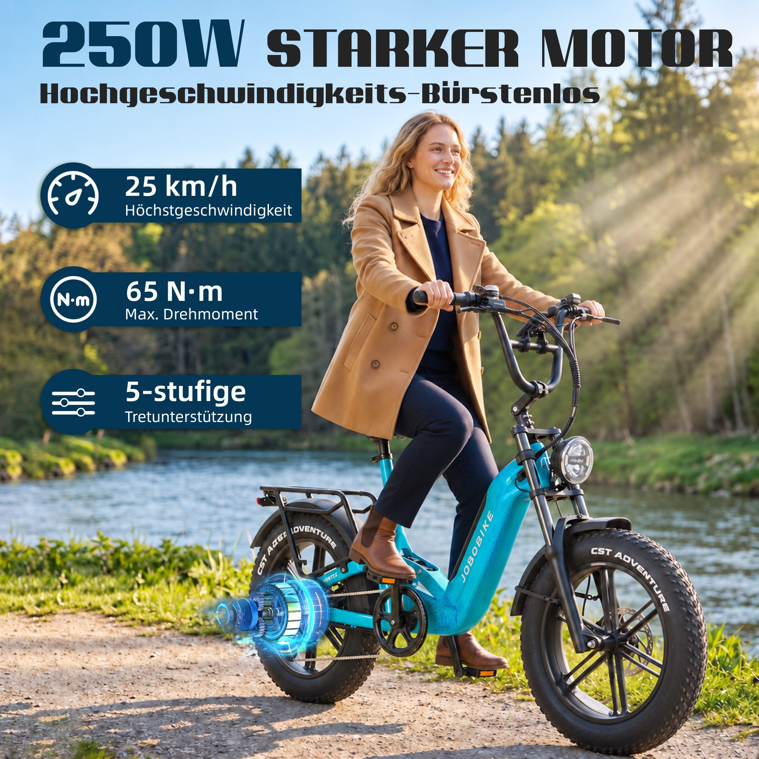 JOBOBIKE E-Bike Mountainbike 20x4,0 Zoll, 720Wh, 150km, Fully, Vollfederung, Lockout-Federgabel, 7 Gang Shimano, Kettenschaltung, Heckmotor, 720 Wh, (Hinterradf – Bild 4 von 5