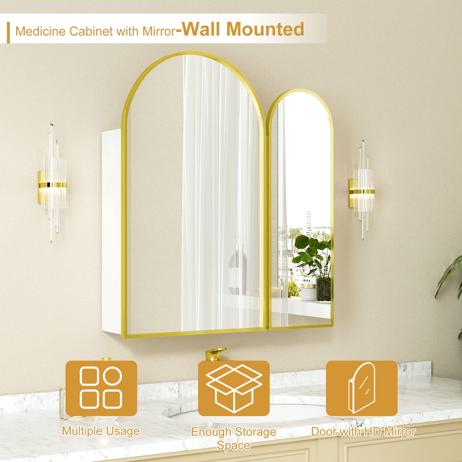 radelldar Badezimmerspiegelschrank Spigelschrank bogen mit 3 Ablagen und 2 Tür, 61x12x70cm Badschrank mit 2 Spiegel Arched