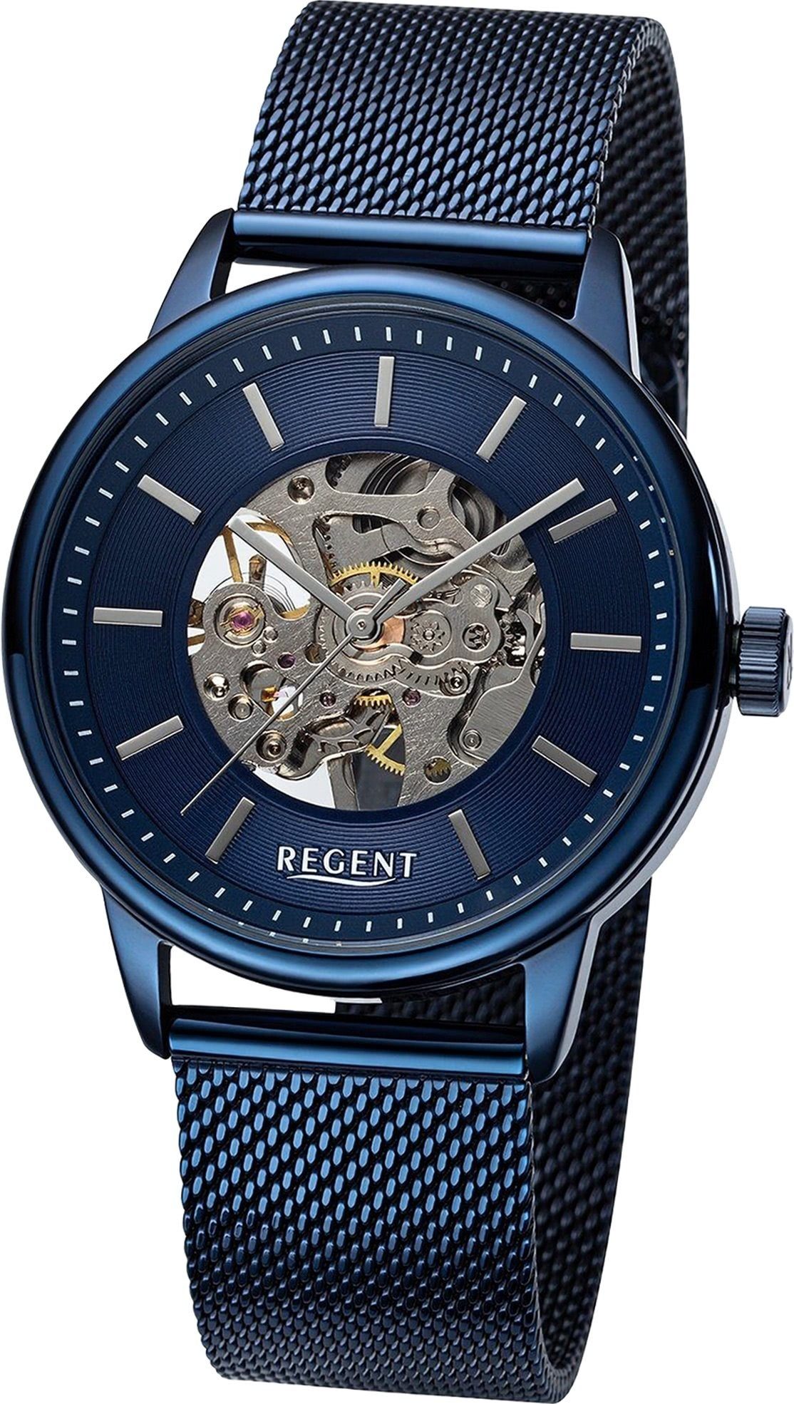 Regent Quarzuhr Regent Herren (ca. extra rundes Analog, Herrenuhr groß Gehäuse, blau, Armbanduhr Metallarmband 40mm)