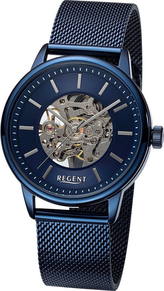 Regent Quarzuhr Regent Herren Armbanduhr Analog, Herrenuhr Metallarmband  blau, rundes Gehäuse, extra groß (ca. 40mm)